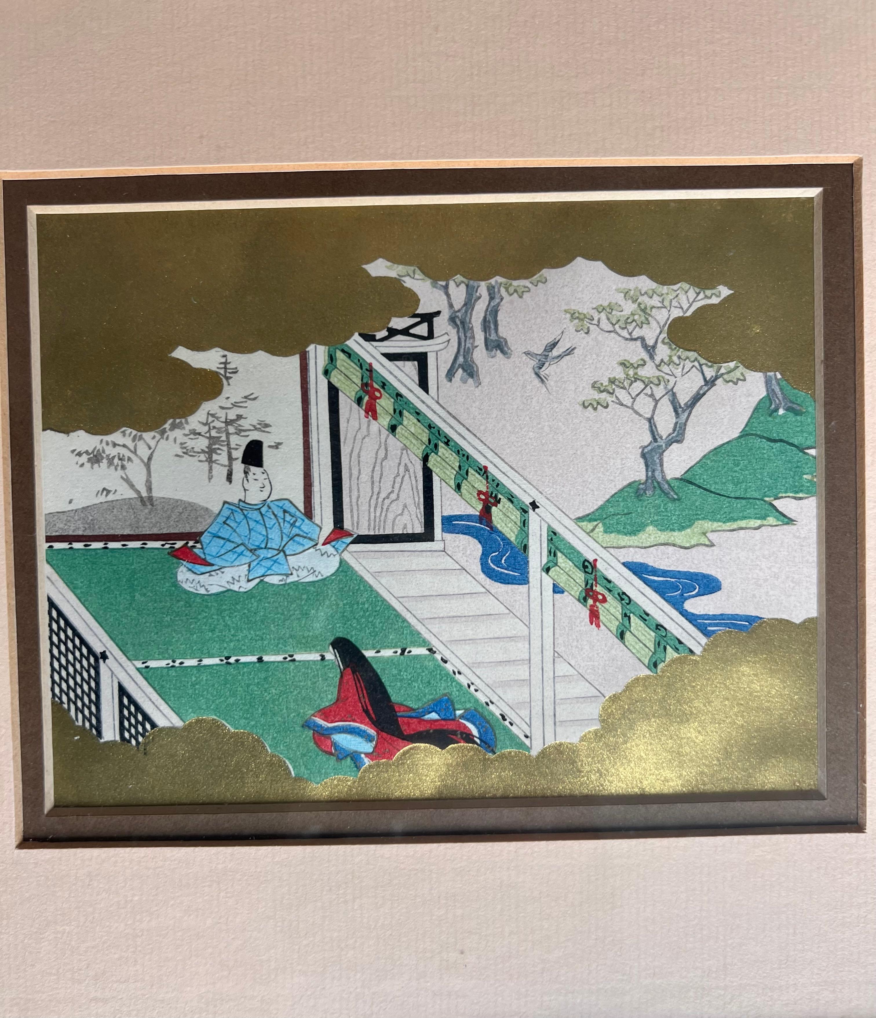 Set of six framed Japanese Genji story woodblock prints, early 20th century  For Sale 1