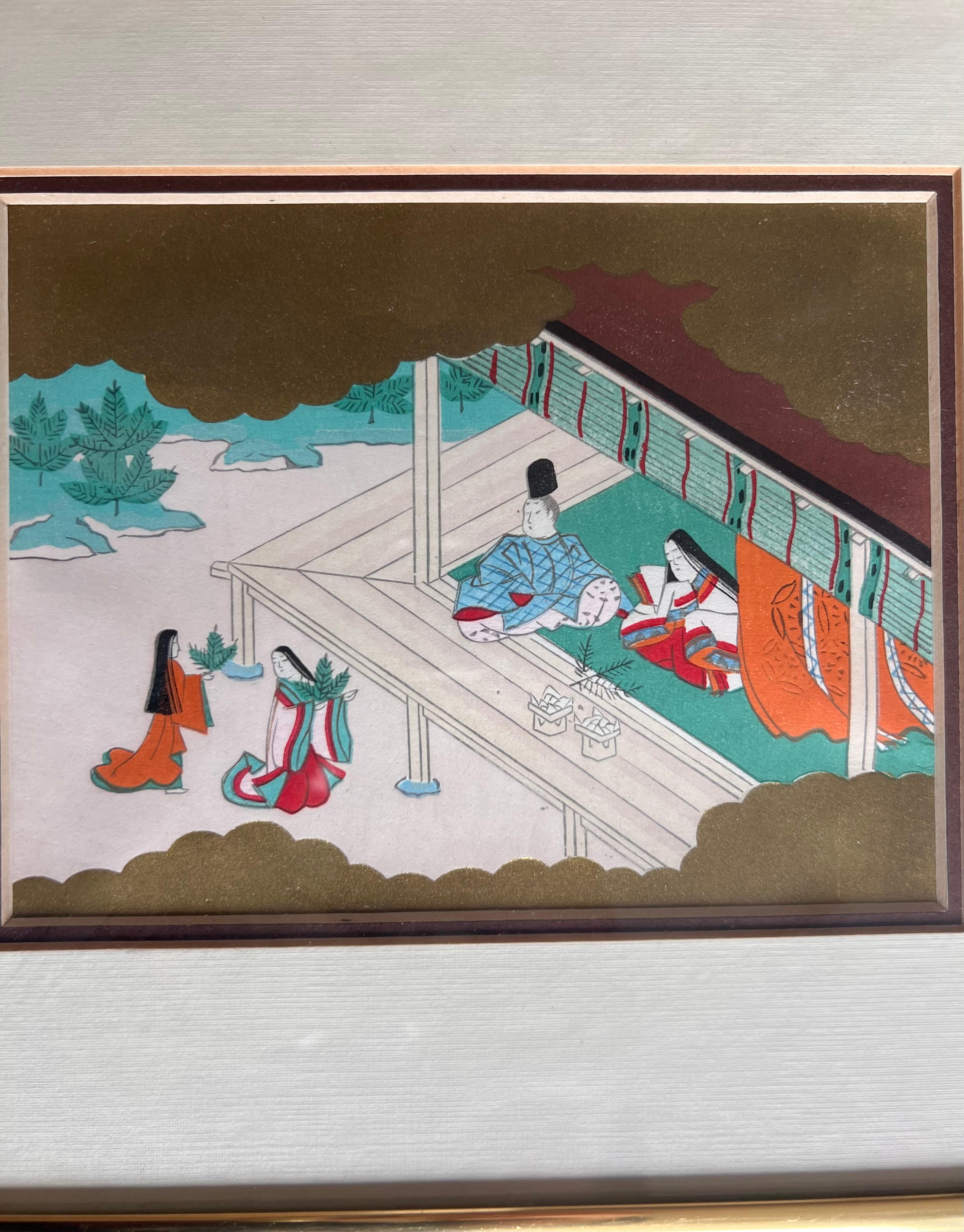 Set of six framed Japanese Genji story woodblock prints, early 20th century  For Sale 2