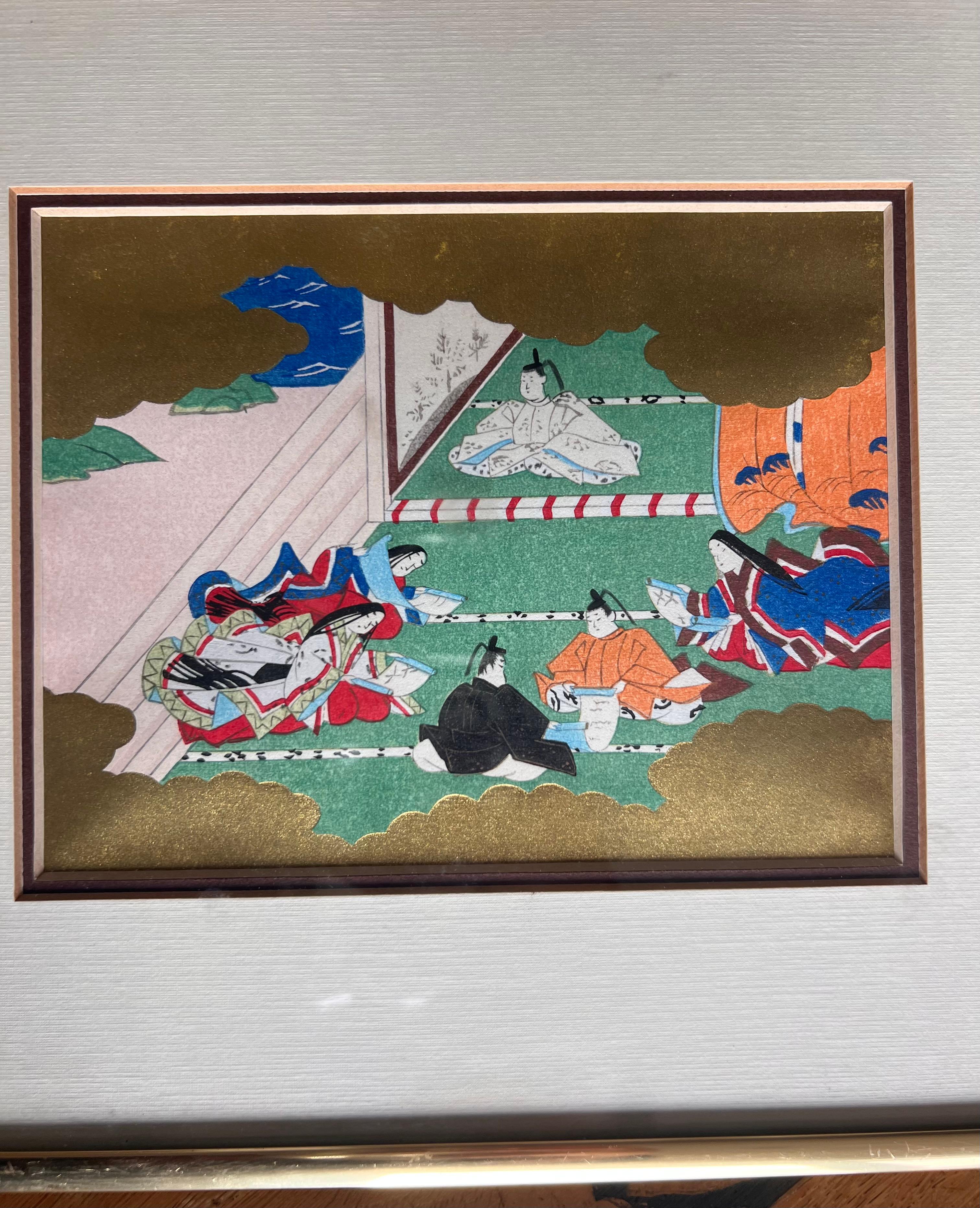Set of six framed Japanese Genji story woodblock prints, early 20th century  For Sale 3
