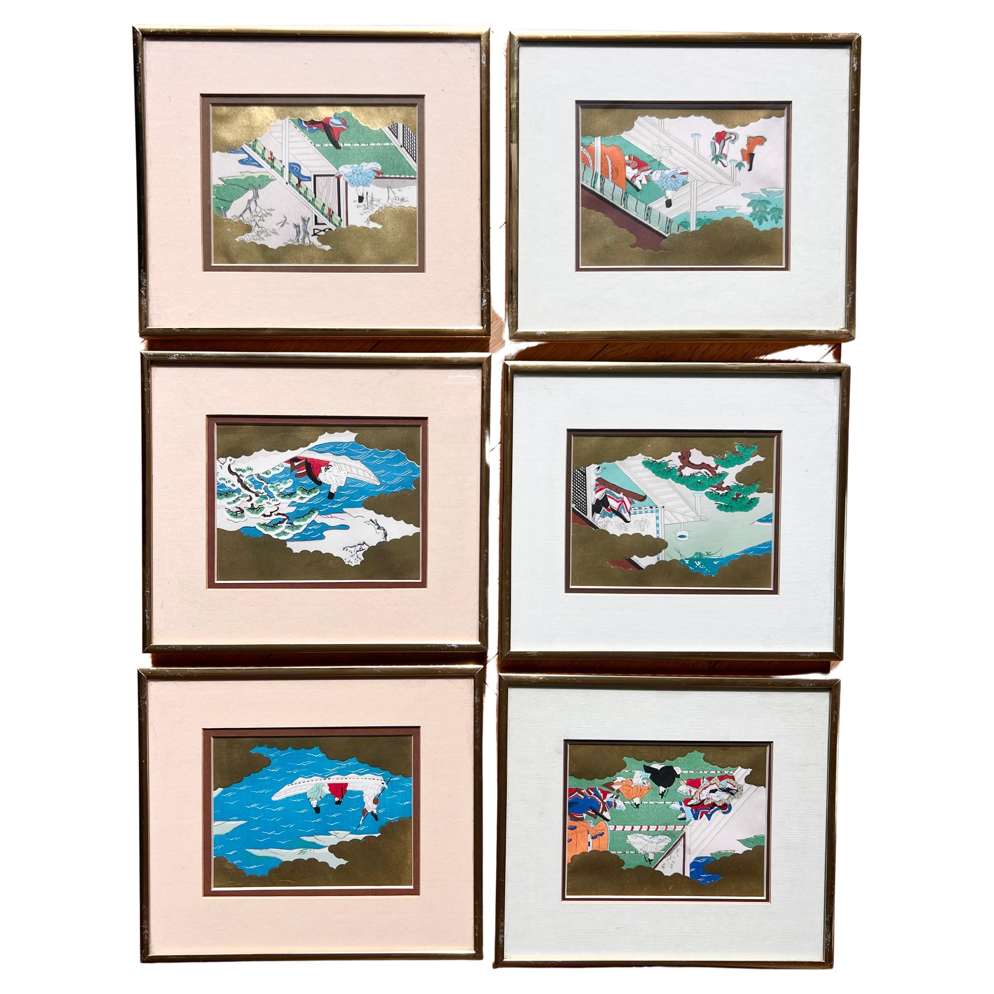 Set of six framed Japanese Genji story woodblock prints, early 20th century  For Sale