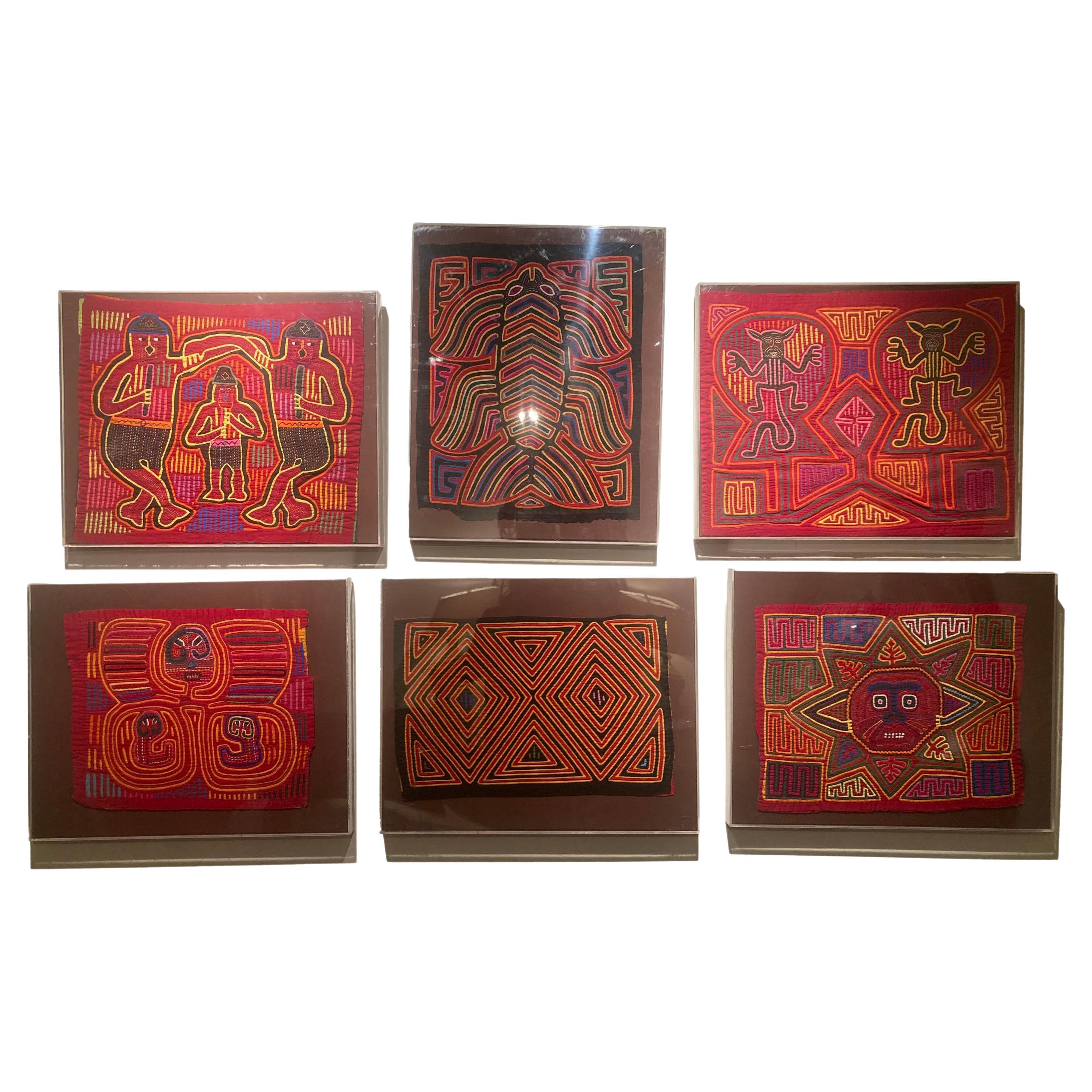 Set of Six Framed Old Mola Hand-Sewn Textiles For Sale