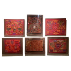 Set of Six Framed Old Mola Hand-Sewn Textiles