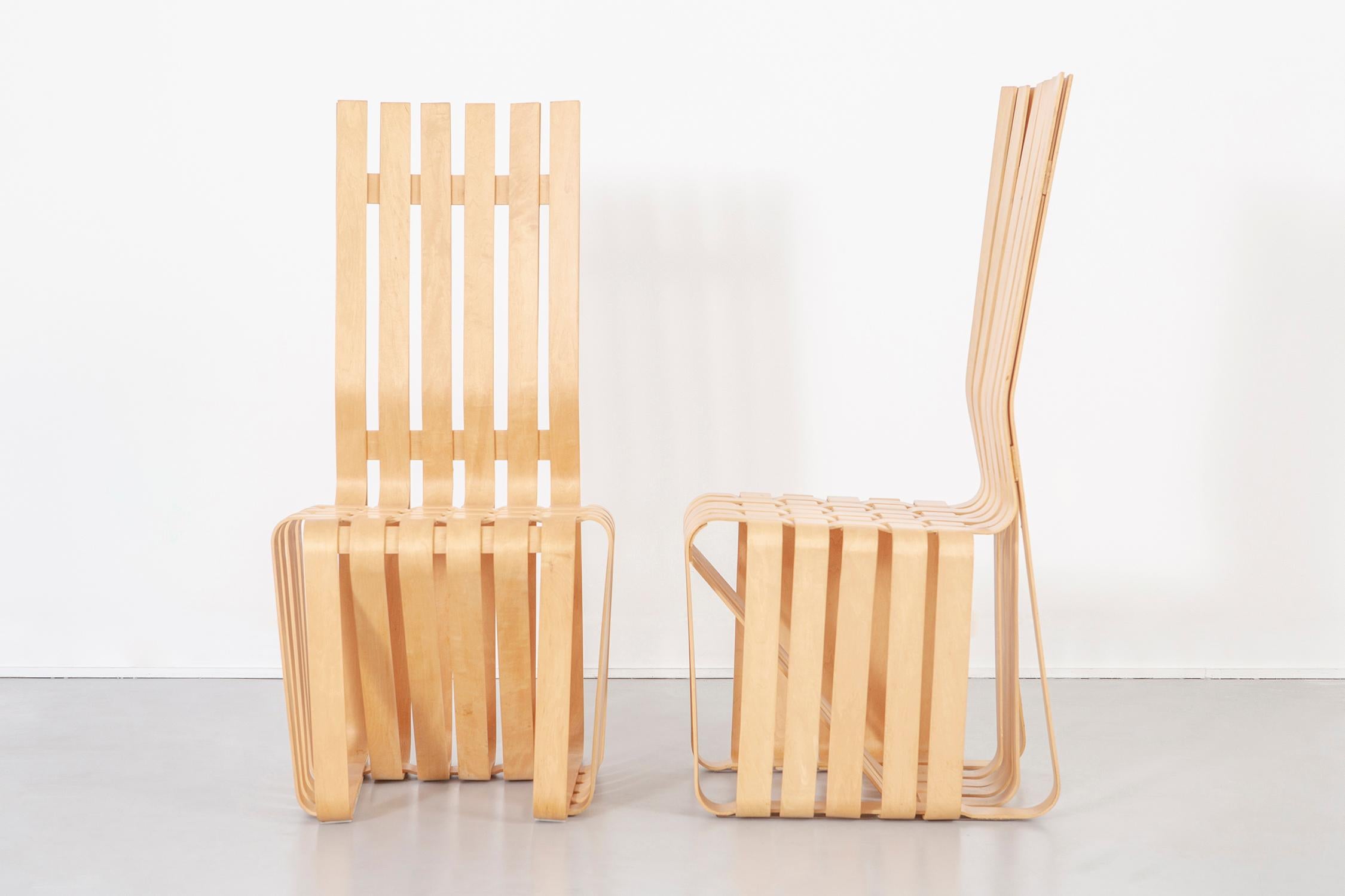 Set of six high sticking chairs

designed by Frank Gehry for Knoll

USA, circa 1992-1993

Maple

Measures: 43 ½