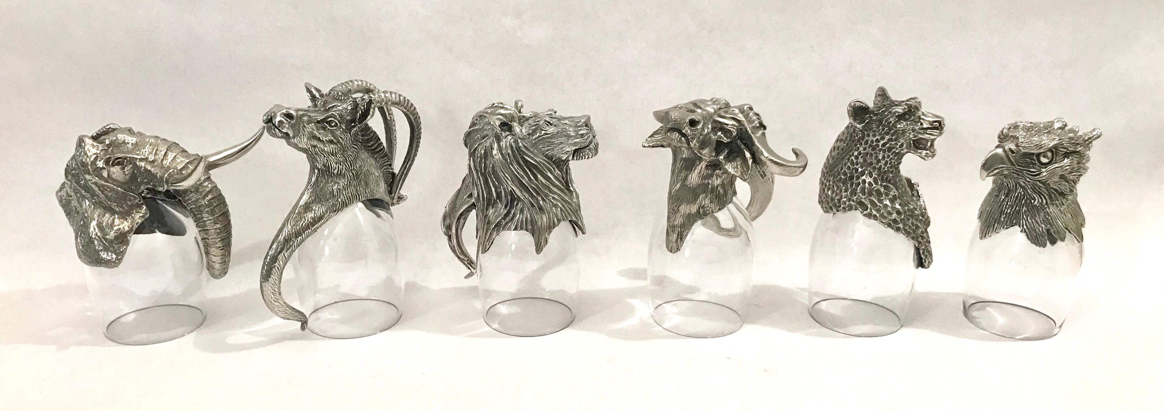 Set of six cast pewter animal form shot glasses designed by Frankli Wild for Royal Selangor.

Size in the measurement description field is of the largest shot glass.