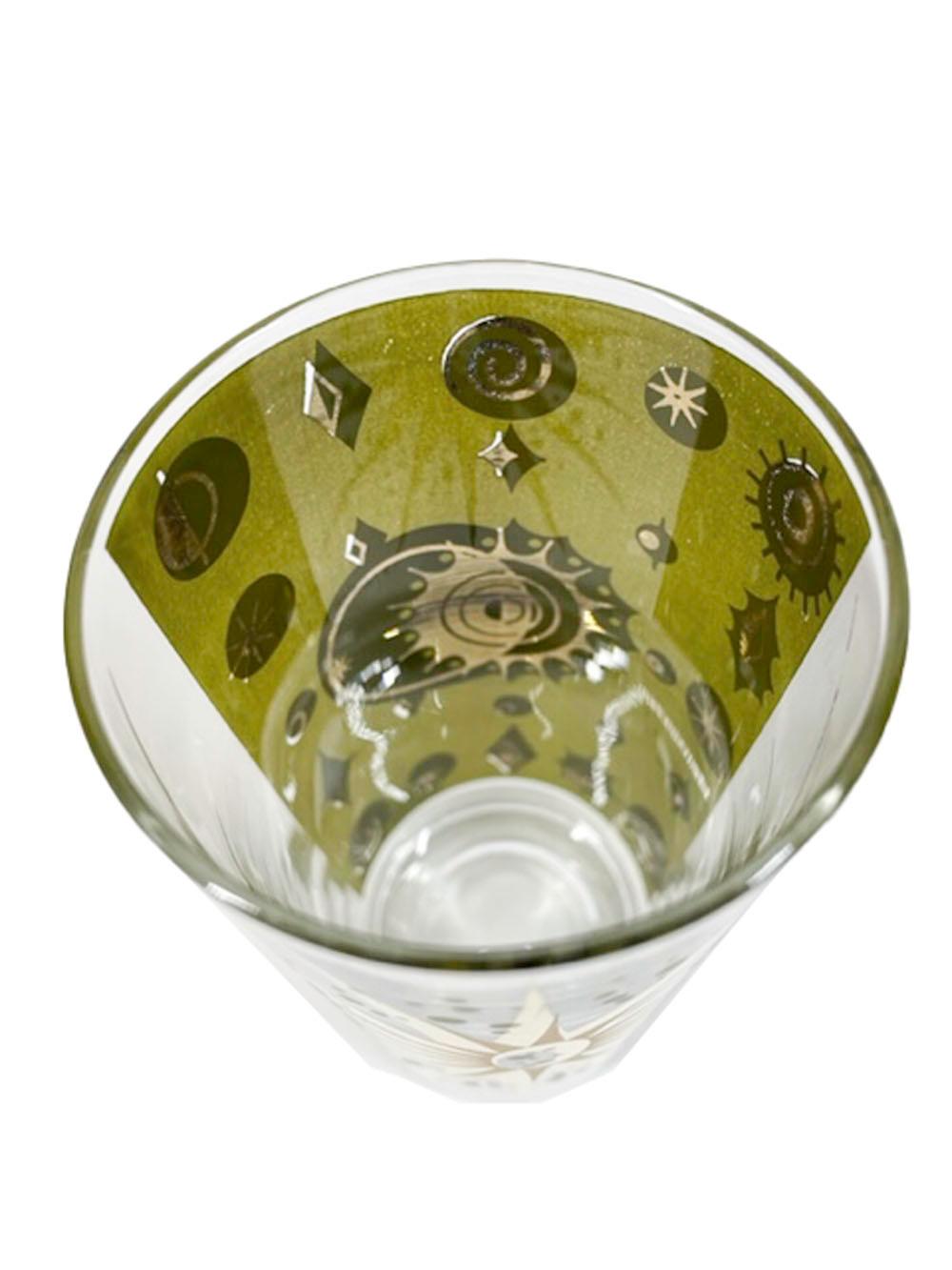 Mid-Century Modern Fred Press - Ensemble de six verres hauts « Atomic Eclipse » en vert et or 22 carats en vente