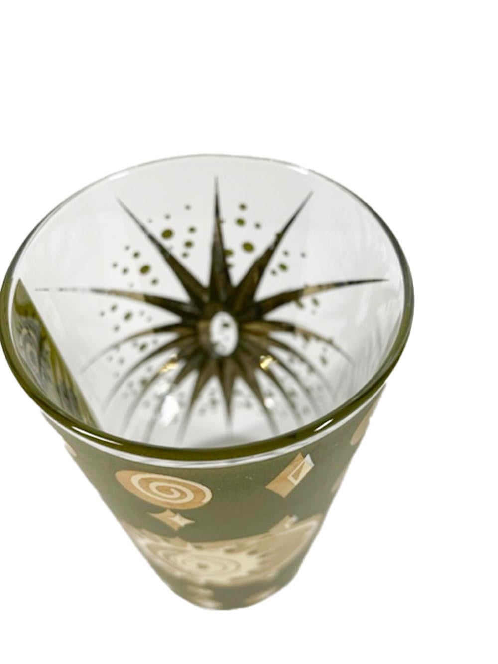 Mid-Century Modern Set of Six Fred Press Atomic Eclipse Highball Glasses in Green and 22K Gold For Sale