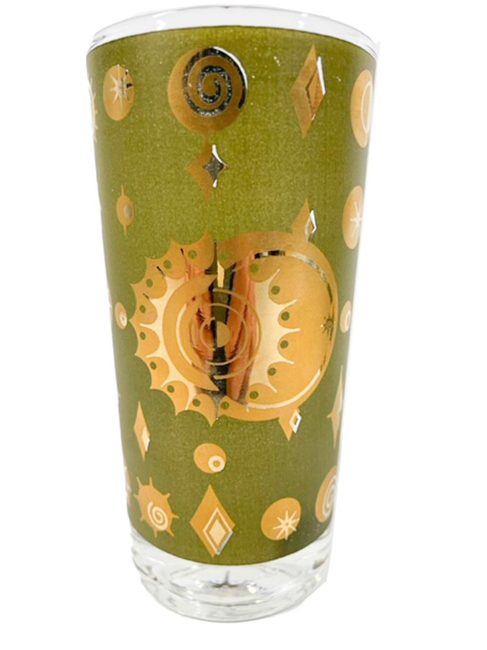 American Set of Six Fred Press Atomic Eclipse Highball Glasses in Green and 22K Gold For Sale