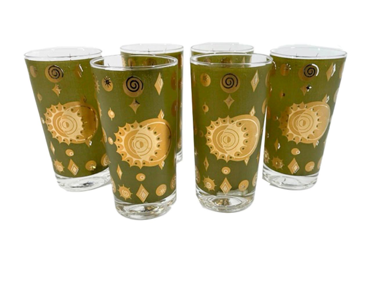 Set of Six Fred Press Atomic Eclipse Highball Glasses in Green and 22K Gold In Good Condition For Sale In Nantucket, MA
