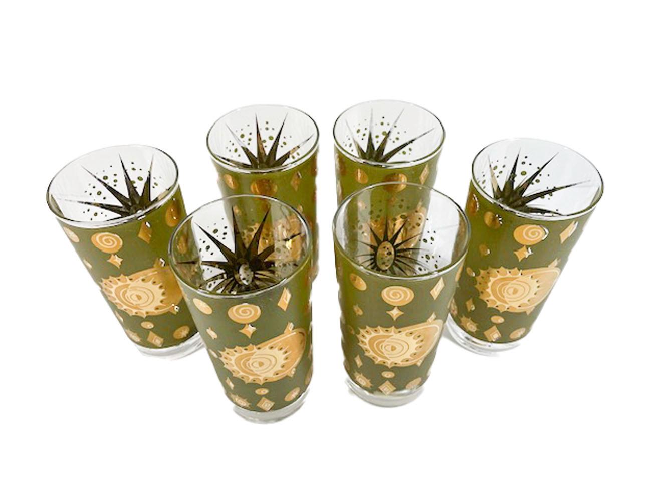 20th Century Set of Six Fred Press Atomic Eclipse Highball Glasses in Green and 22K Gold For Sale