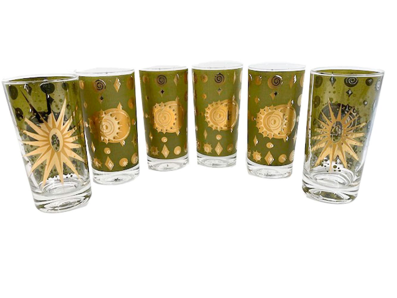 Set of Six Fred Press Atomic Eclipse Highball Glasses in Green and 22K Gold For Sale 1