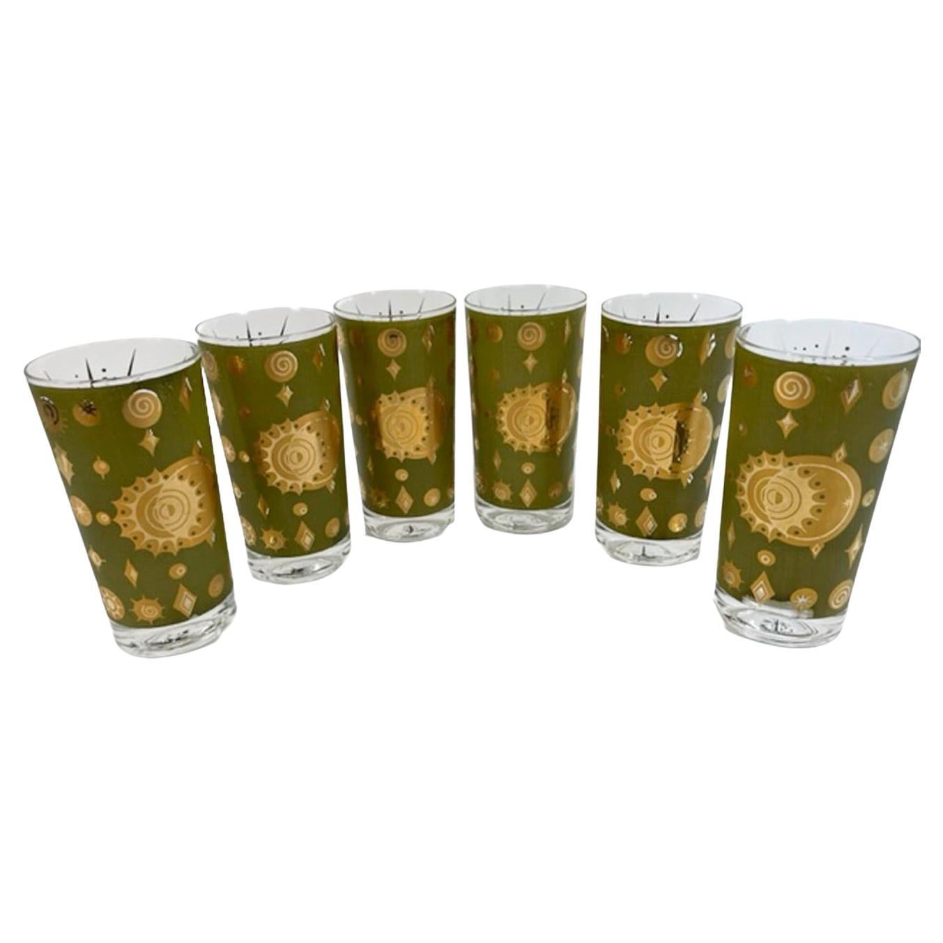 Set of Six Fred Press Atomic Eclipse Highball Glasses in Green and 22K Gold For Sale