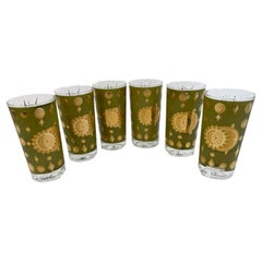 Set of Six Fred Press Atomic Eclipse Highball Glasses in Green and 22K Gold