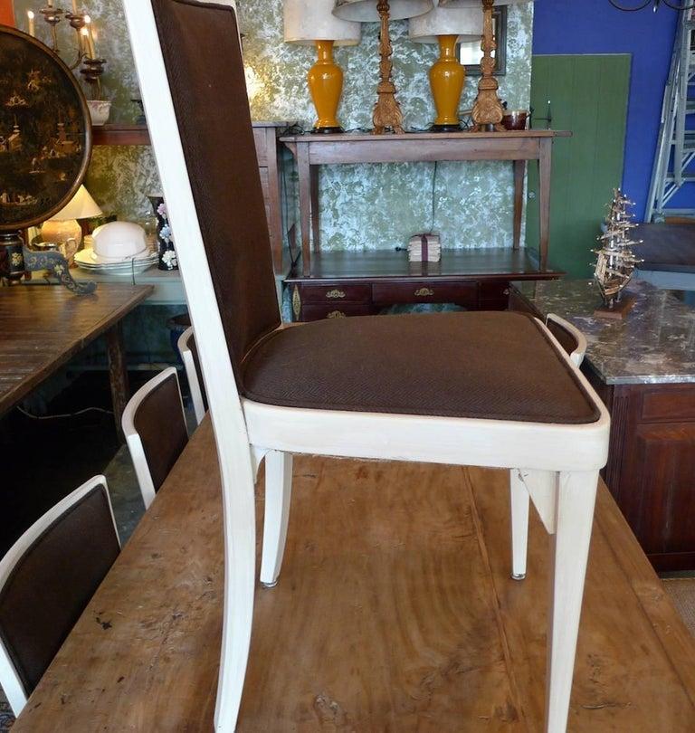 20th Century Set of Six French 1940s Painted Pine Re-Upholstered Dining Chairs For Sale