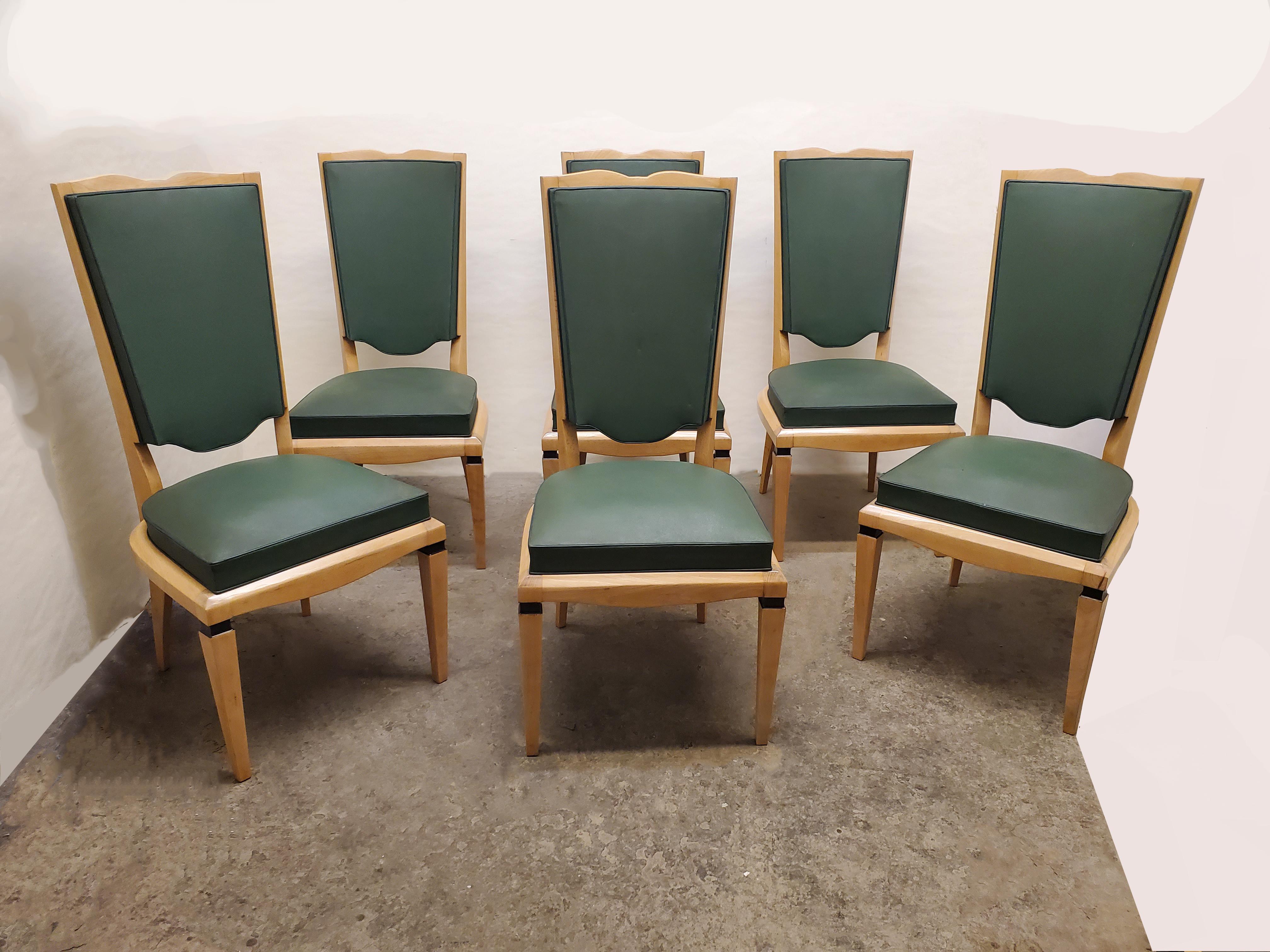 Set of Six French 1940's Tall Back Dining Chairs- M. Jallot For Sale 3