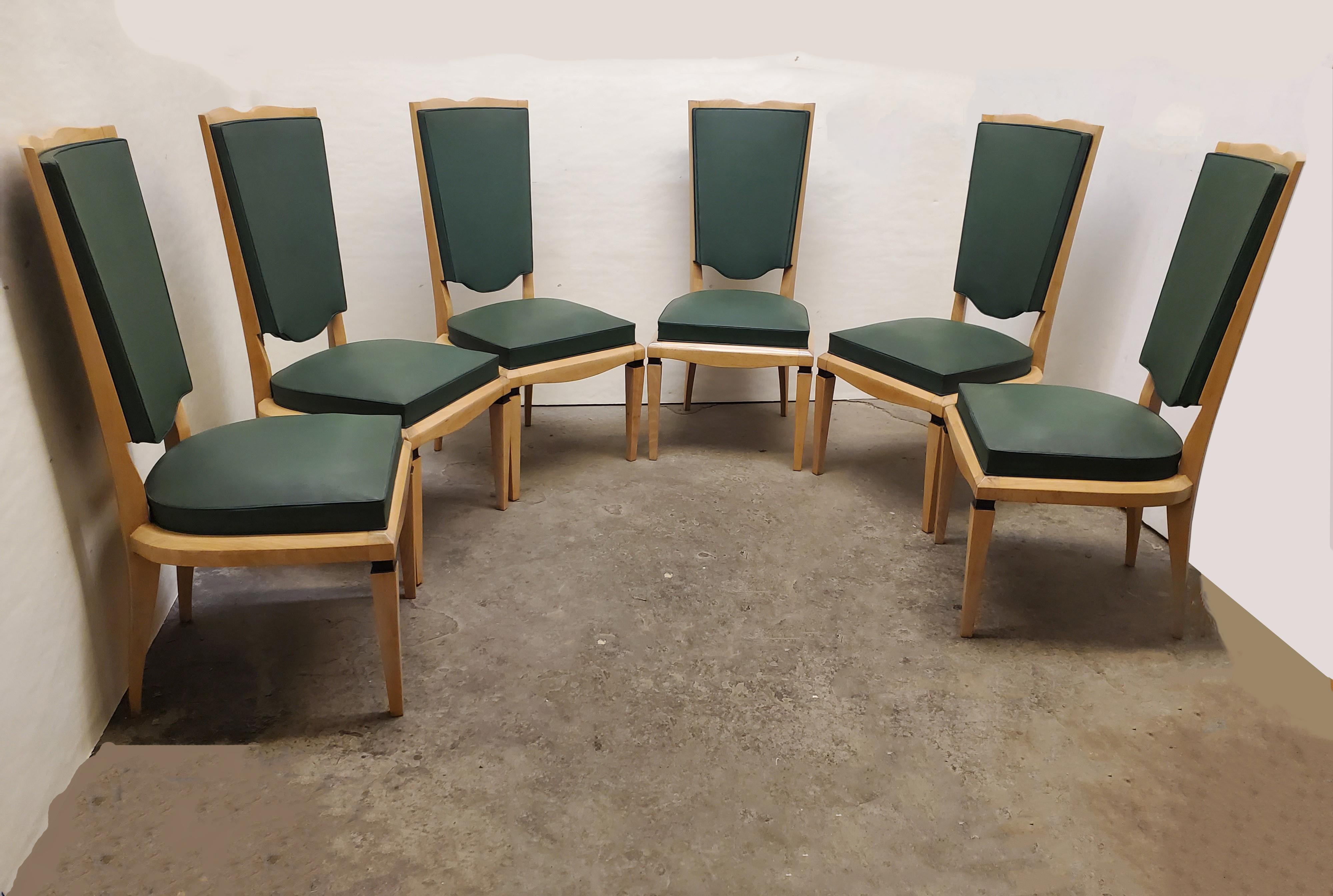 Set of Six French 1940's Tall Back Dining Chairs- M. Jallot For Sale 12
