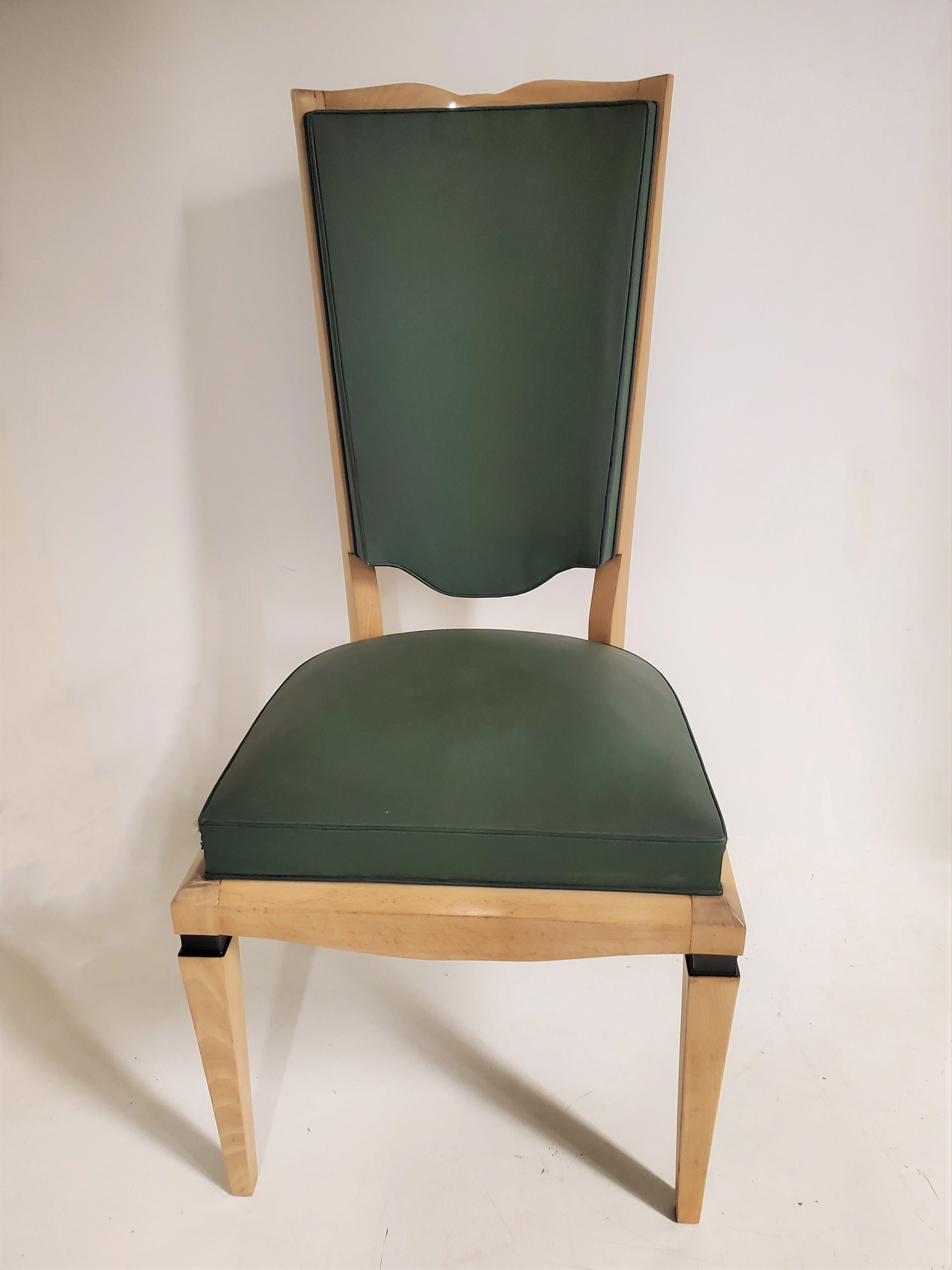 Beech Set of Six French 1940's Tall Back Dining Chairs- M. Jallot For Sale