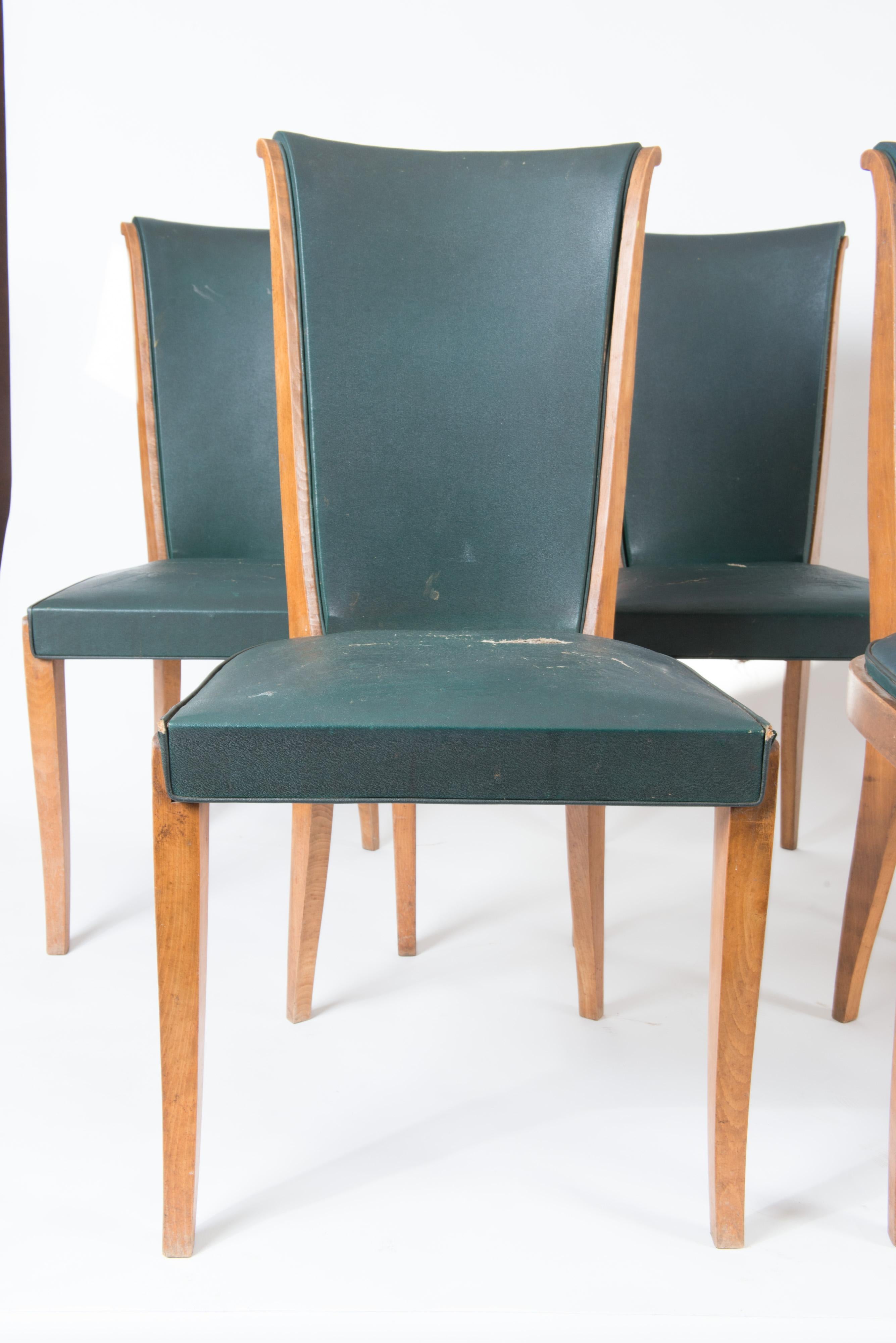 Mid-Century Modern Set of Six French 1950s Dining Chairs, Green