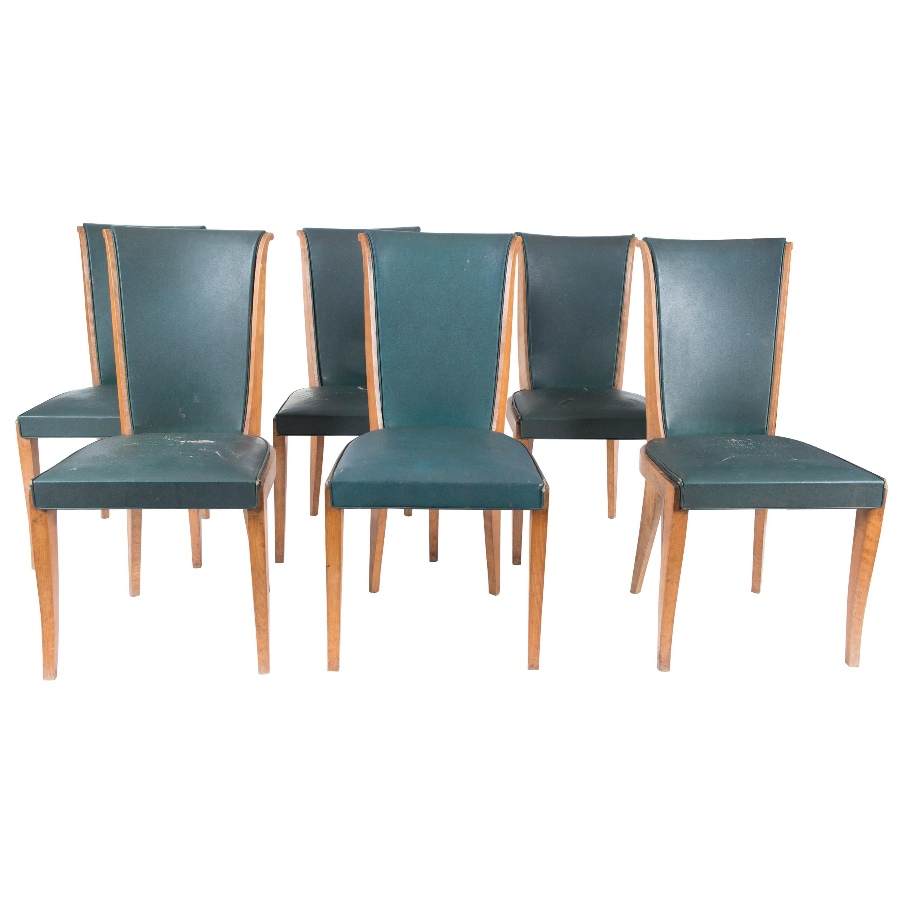 Set of Six French 1950s Dining Chairs, Green