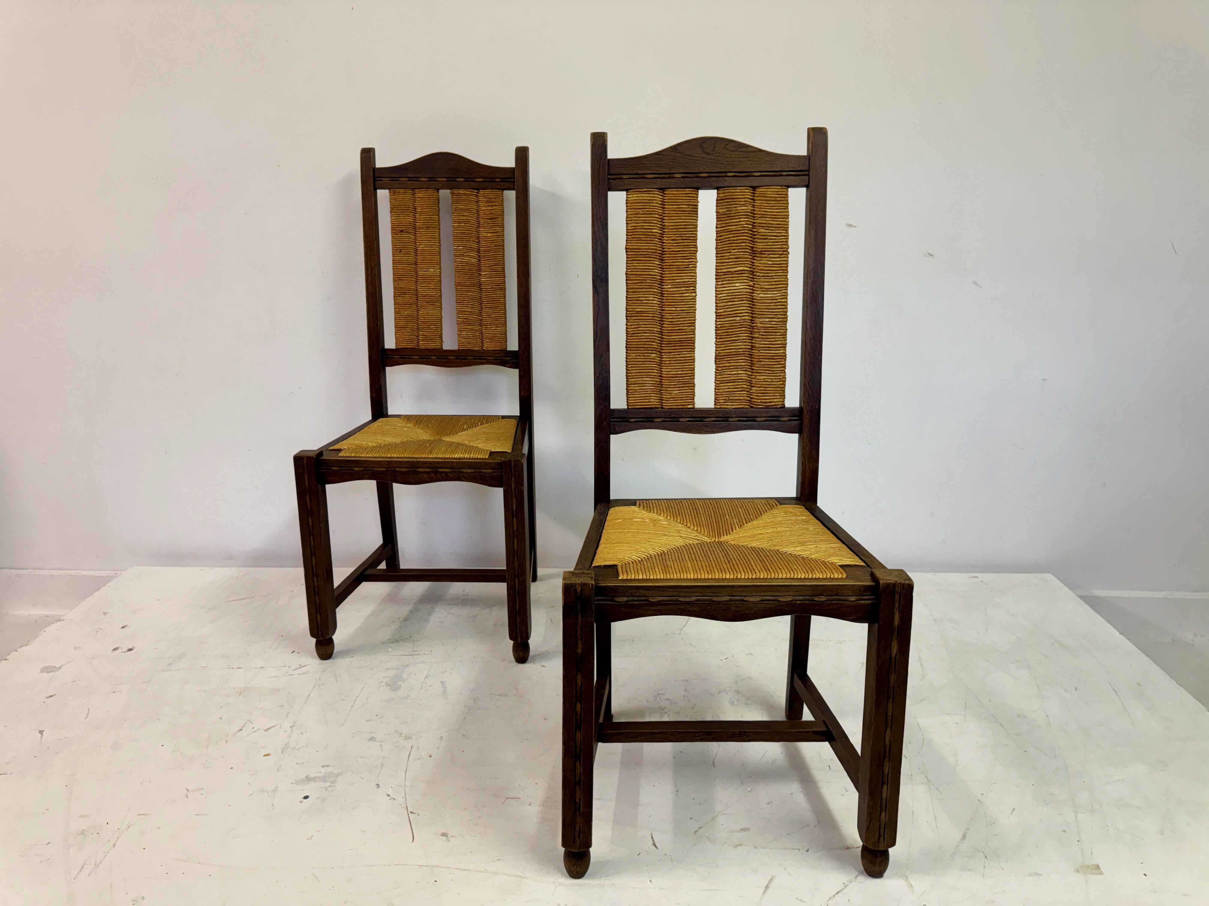 Set of Six French 1950s Oak and Rush Dining Chairs For Sale 5
