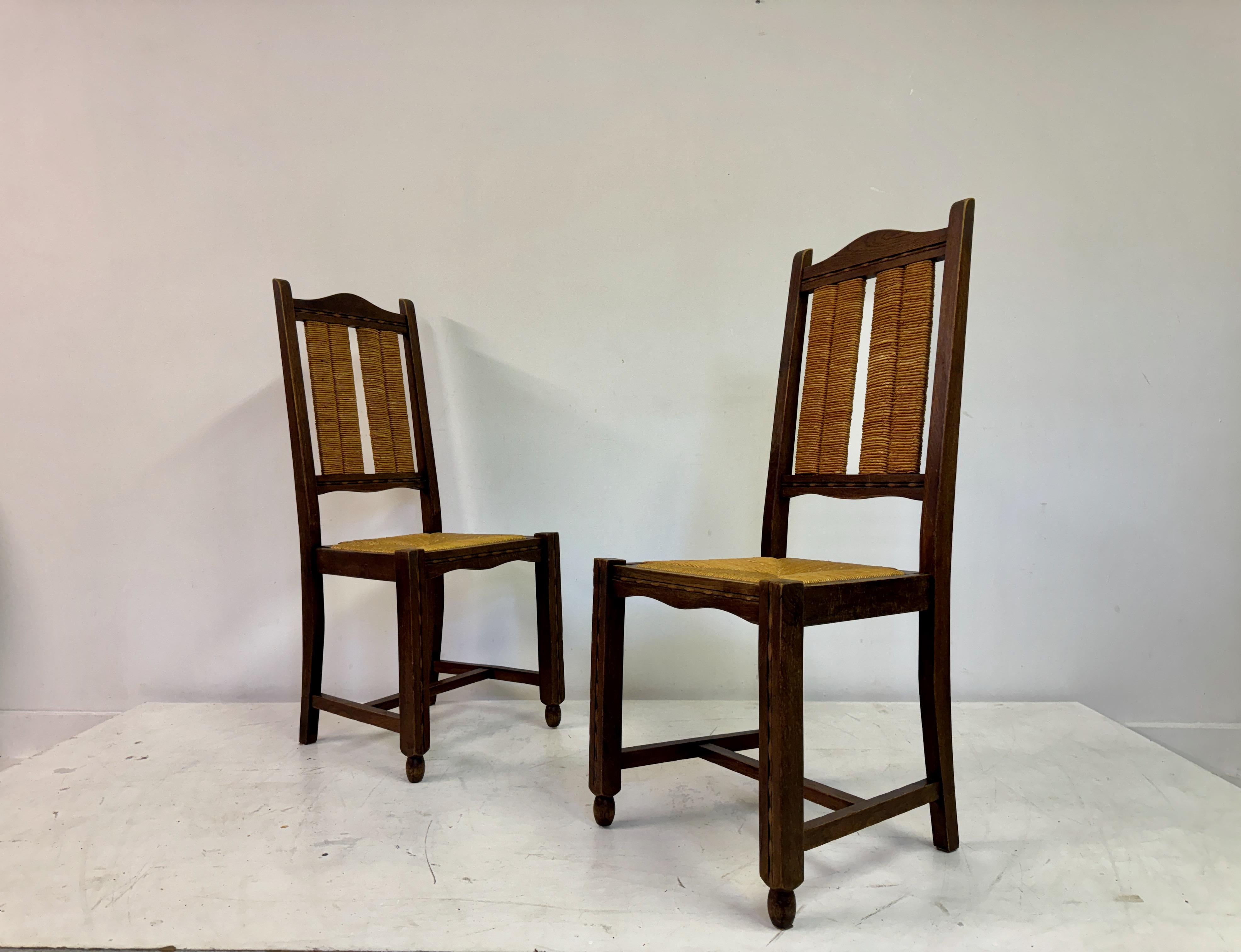 Set of Six French 1950s Oak and Rush Dining Chairs For Sale 6