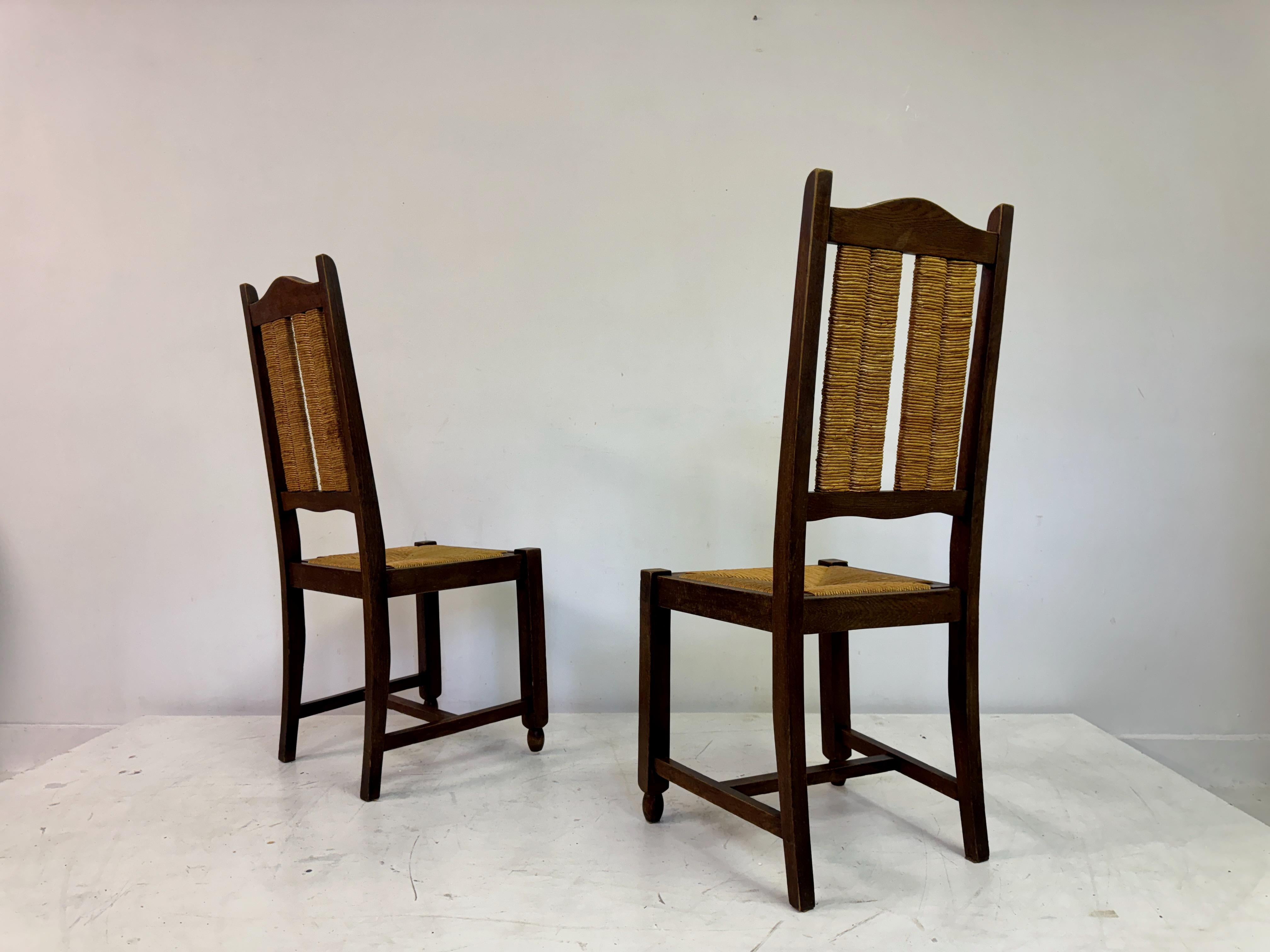 Set of Six French 1950s Oak and Rush Dining Chairs For Sale 9