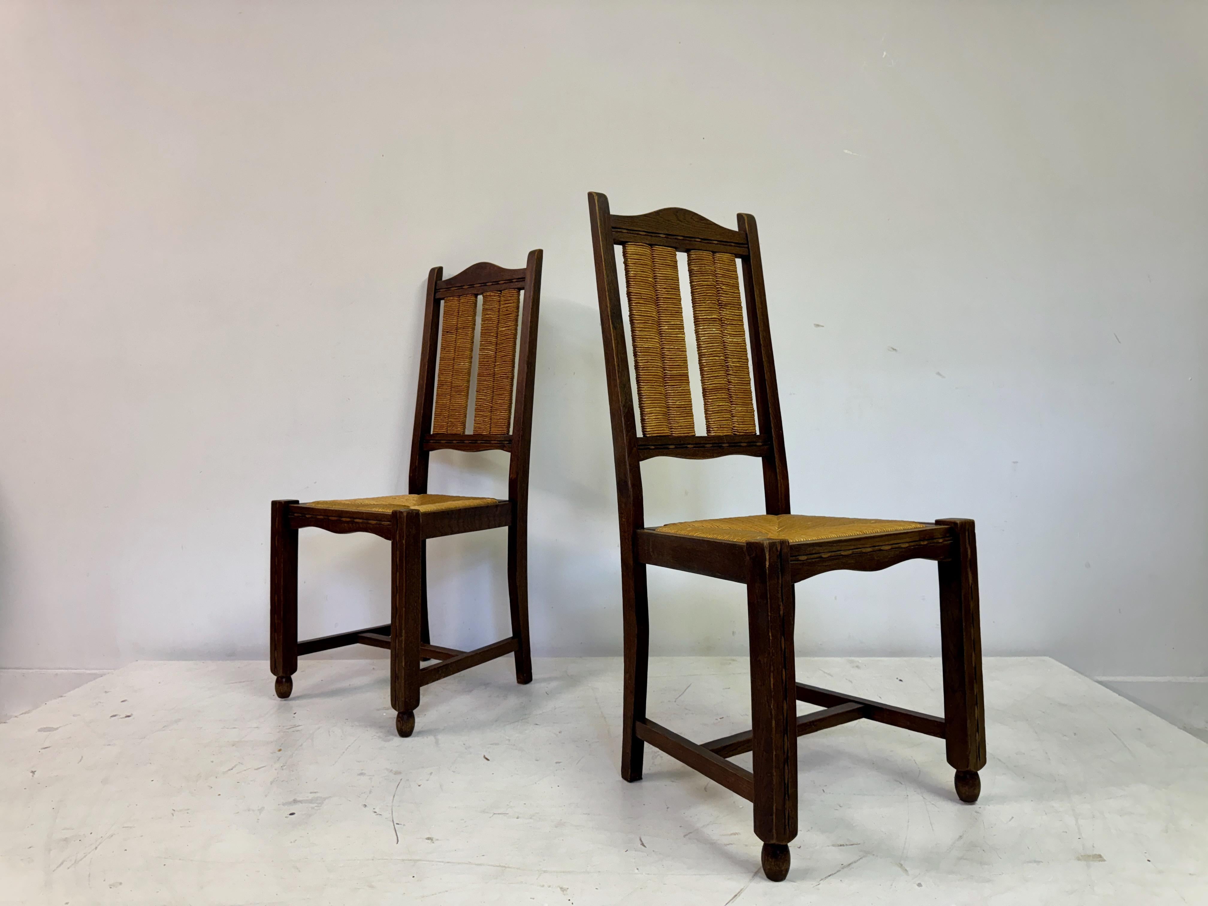 Set of Six French 1950s Oak and Rush Dining Chairs For Sale 13