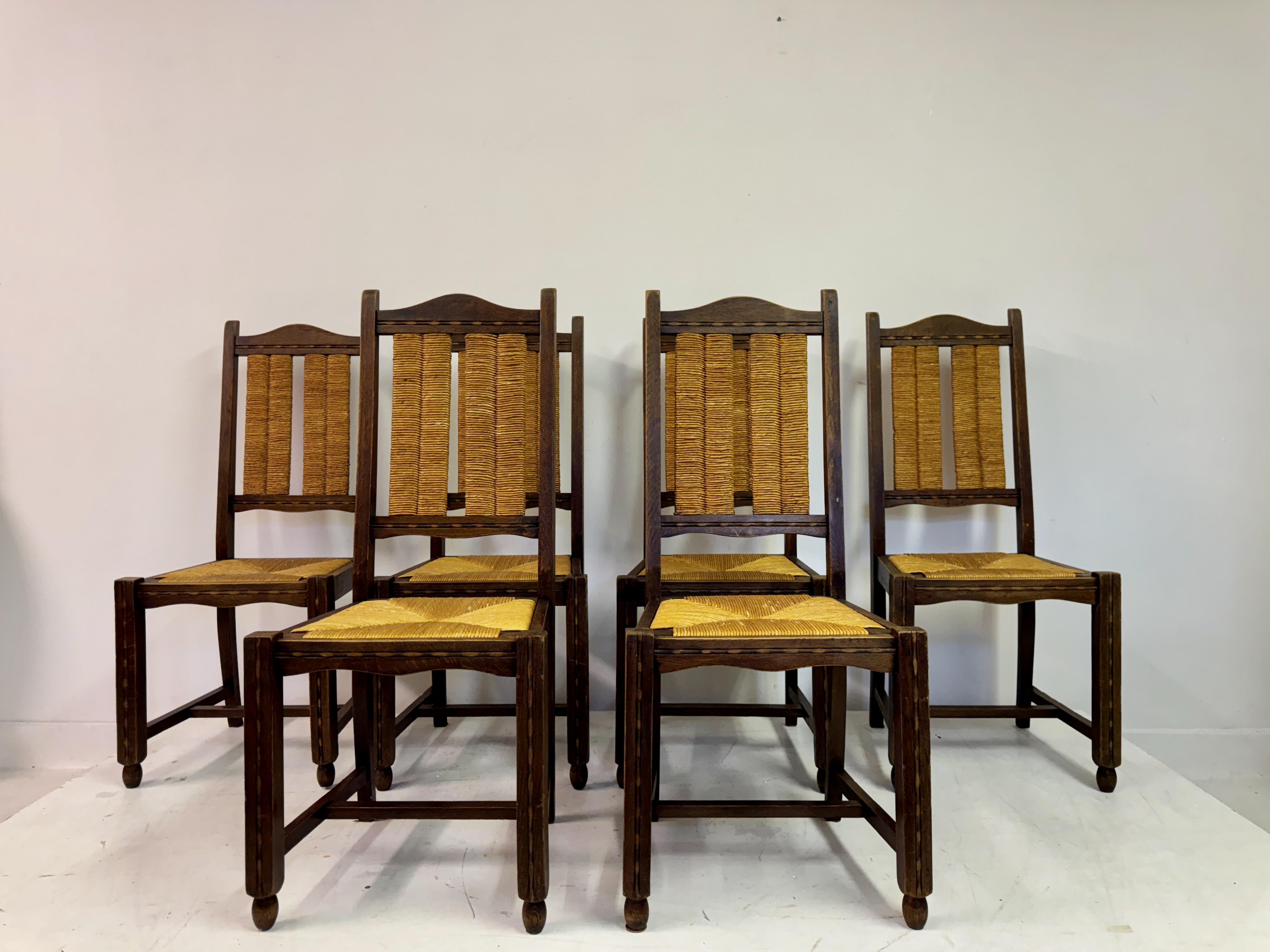 French Provincial Set of Six French 1950s Oak and Rush Dining Chairs For Sale
