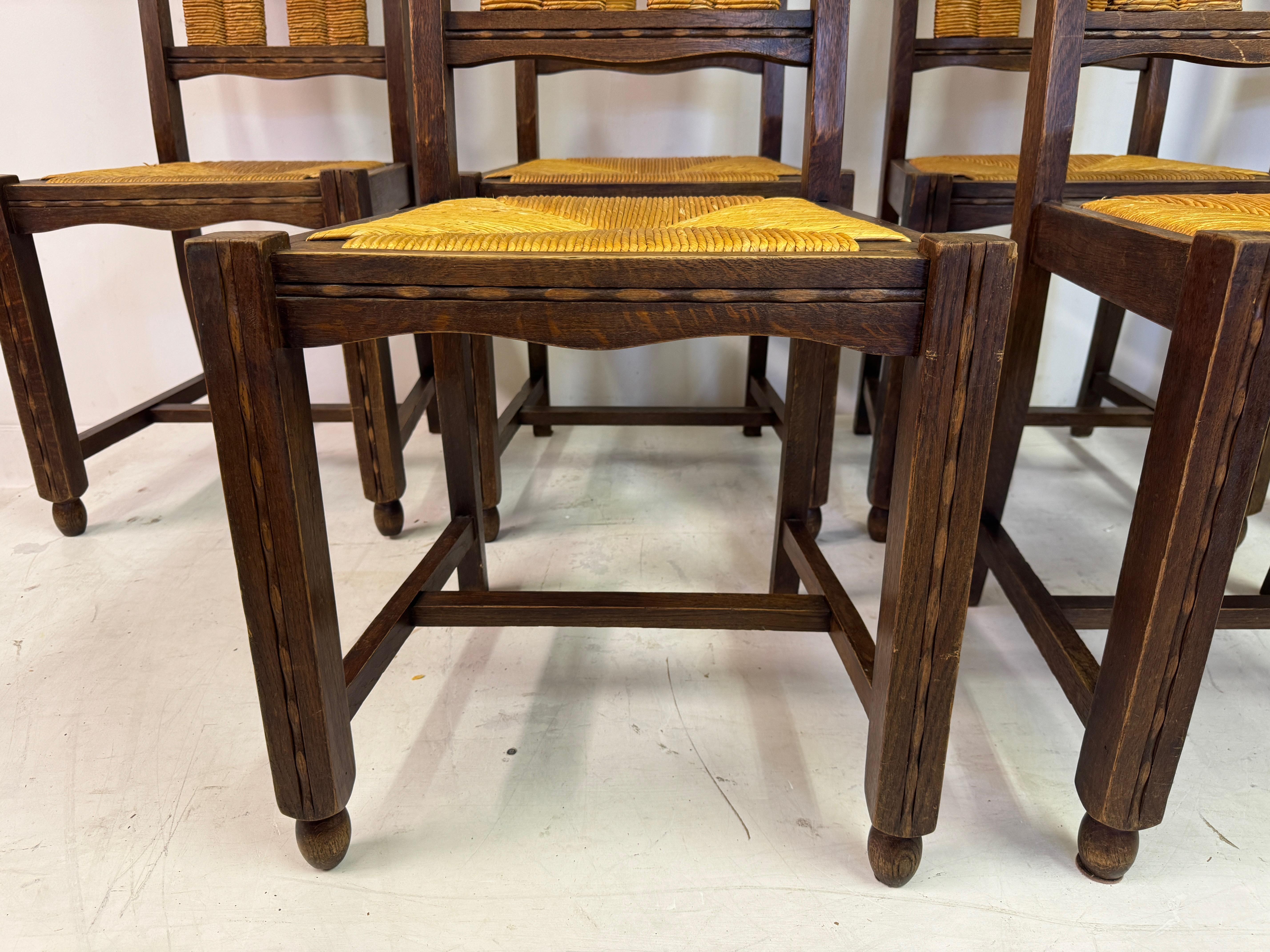Set of Six French 1950s Oak and Rush Dining Chairs For Sale 1