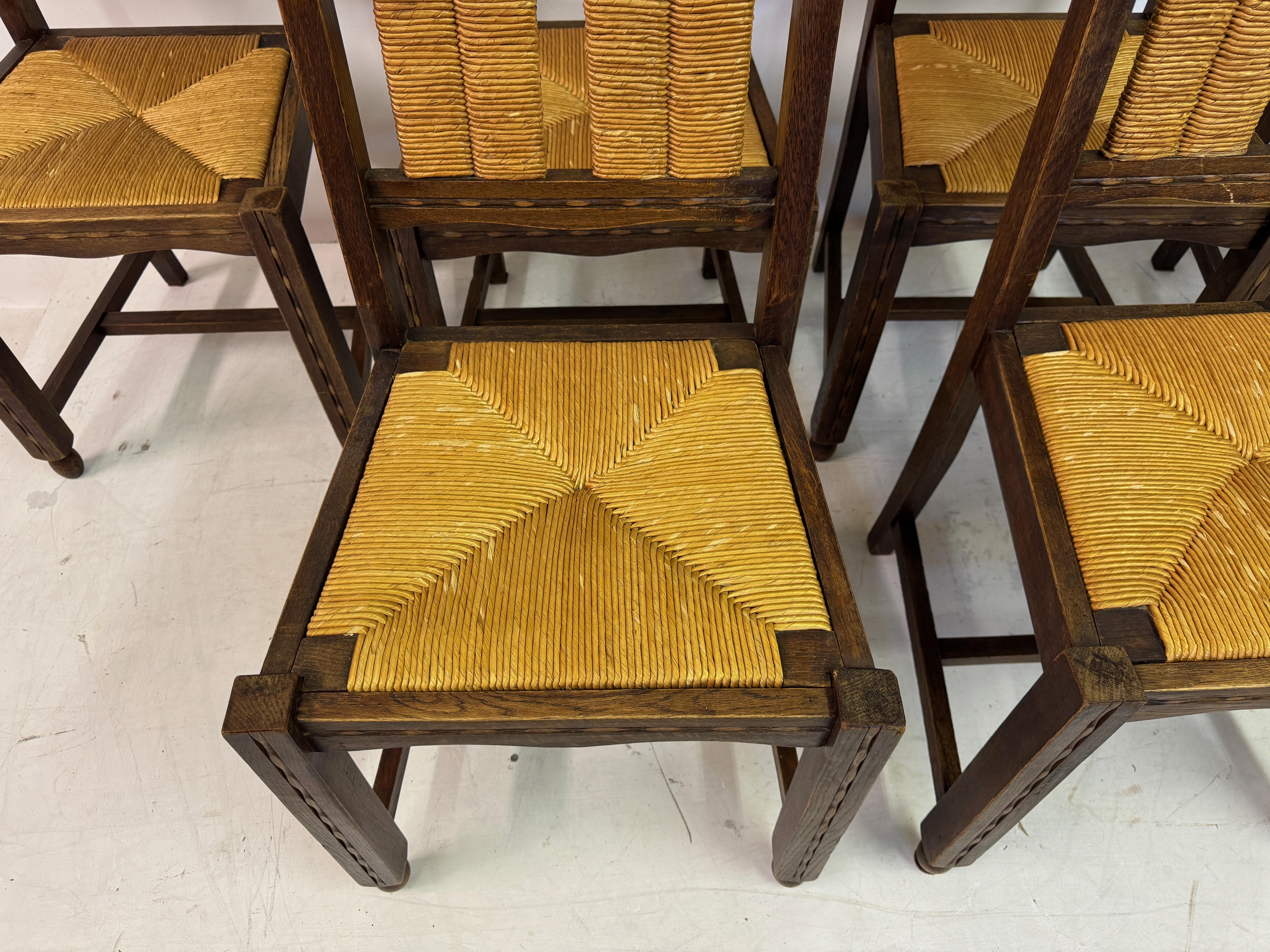 Set of Six French 1950s Oak and Rush Dining Chairs For Sale 2
