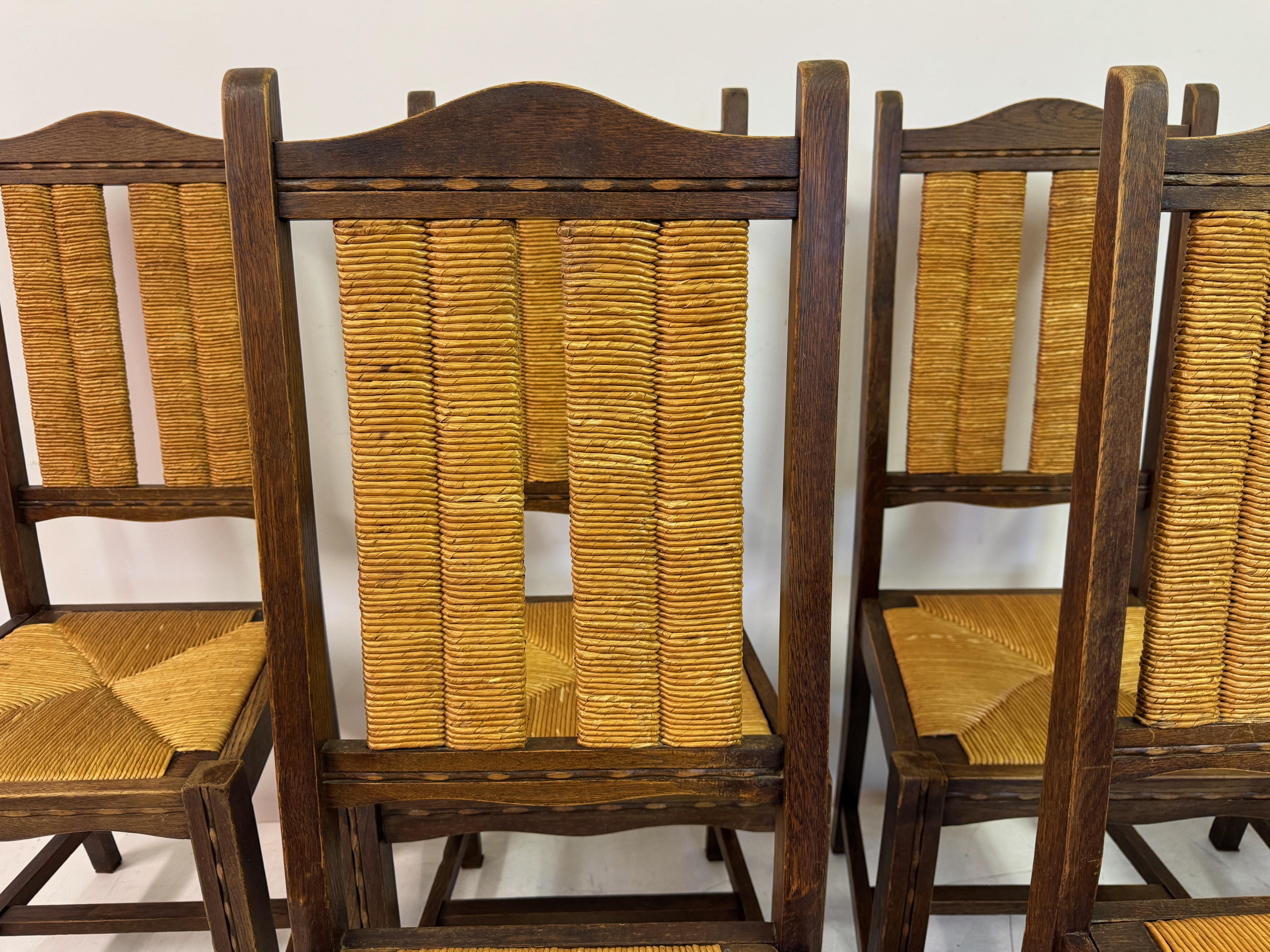 Set of Six French 1950s Oak and Rush Dining Chairs For Sale 3