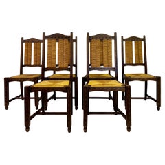 Set of Six French 1950s Oak and Rush Dining Chairs