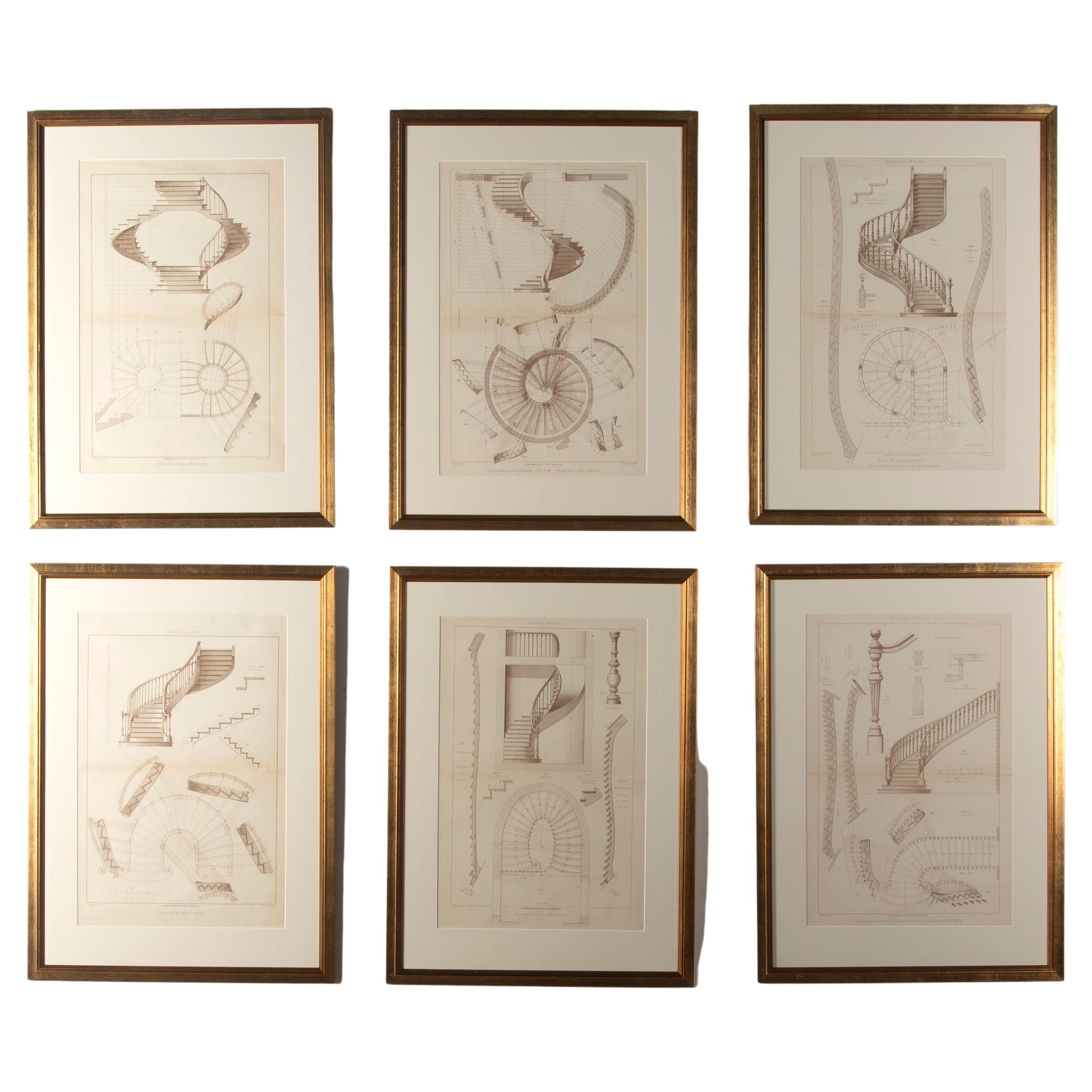 Set von sechs französischen architektonischen Gravuren des 19. Jahrhunderts