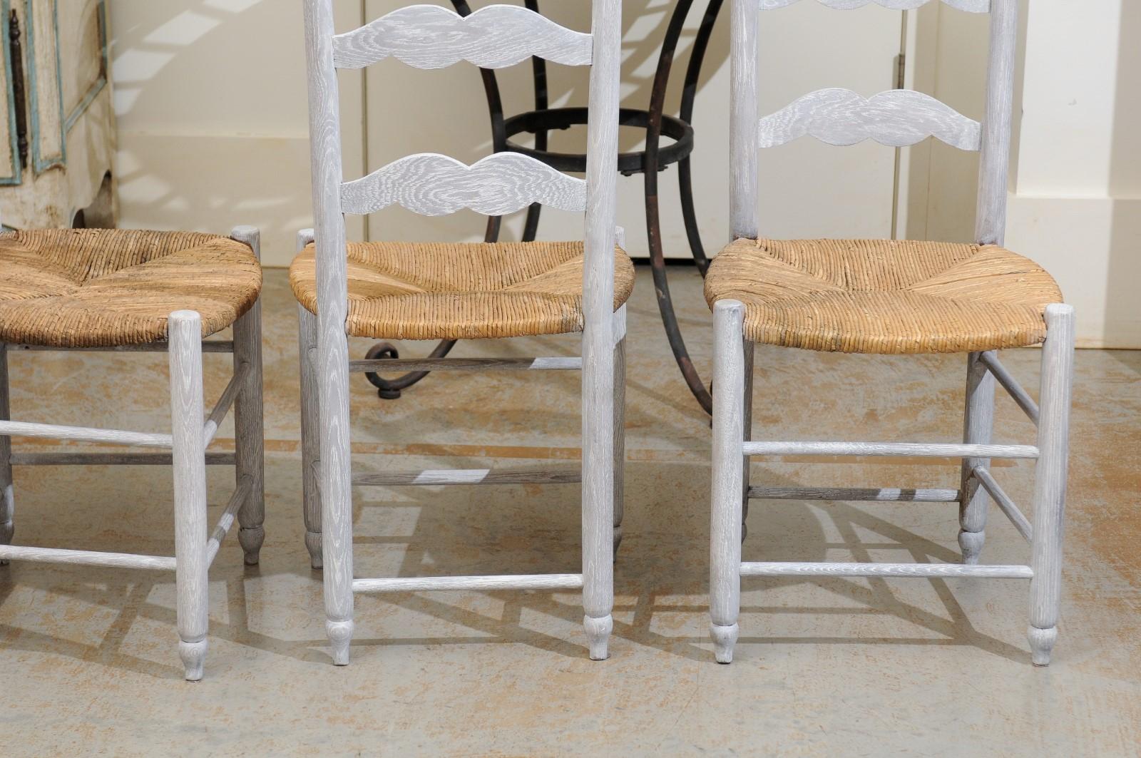 Set of Six French 19th Century Bleached Oak Ladder Back Dining Side Chairs 6