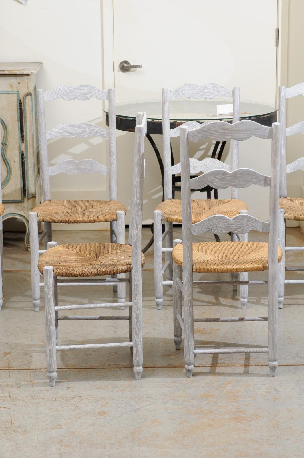 Set of Six French 19th Century Bleached Oak Ladder Back Dining Side Chairs 1