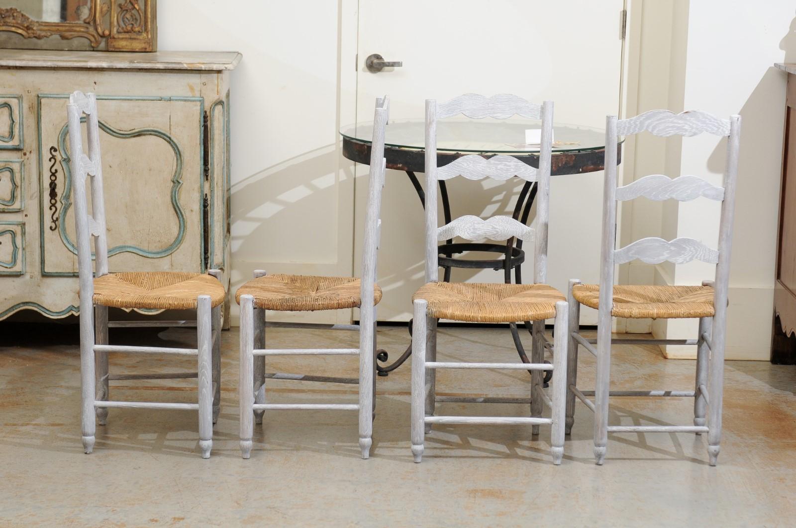 Set of Six French 19th Century Bleached Oak Ladder Back Dining Side Chairs 3