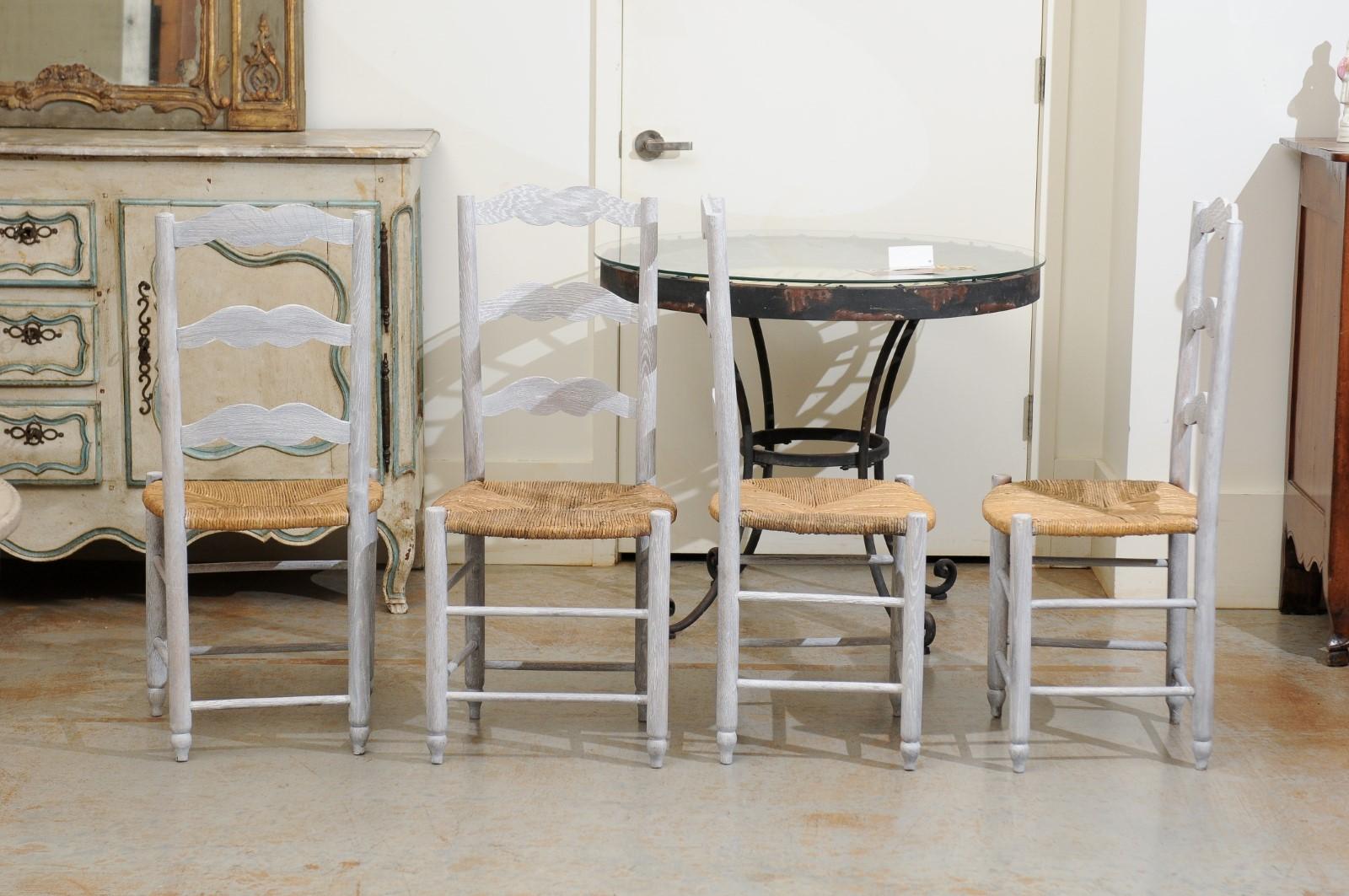 Set of Six French 19th Century Bleached Oak Ladder Back Dining Side Chairs 3