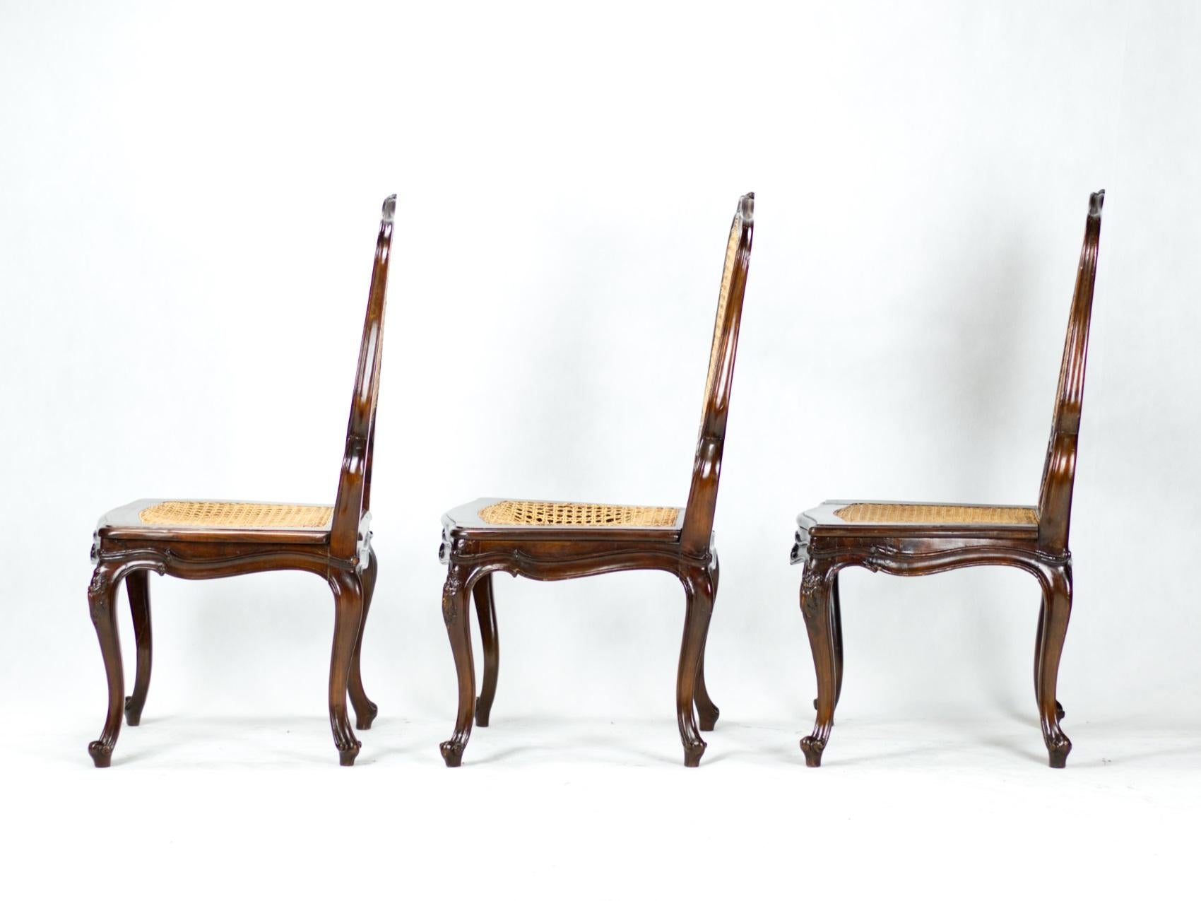 Set of Six French 19th Century Louis XV Style Caned Dining Chairs in Walnut For Sale 1