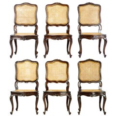 Set of Six French 19th Century Louis XV Style Caned Dining Chairs in Walnut