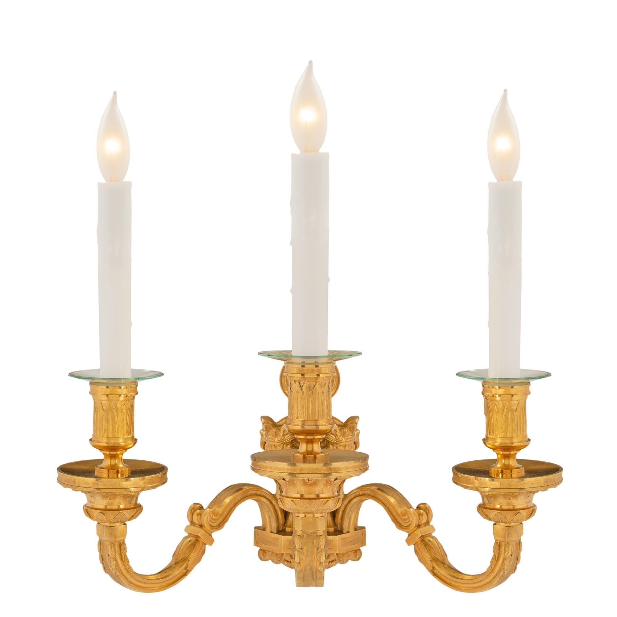 Set of Six French, 19th Century Louis XVI Style Ormolu Sconces In Good Condition For Sale In West Palm Beach, FL