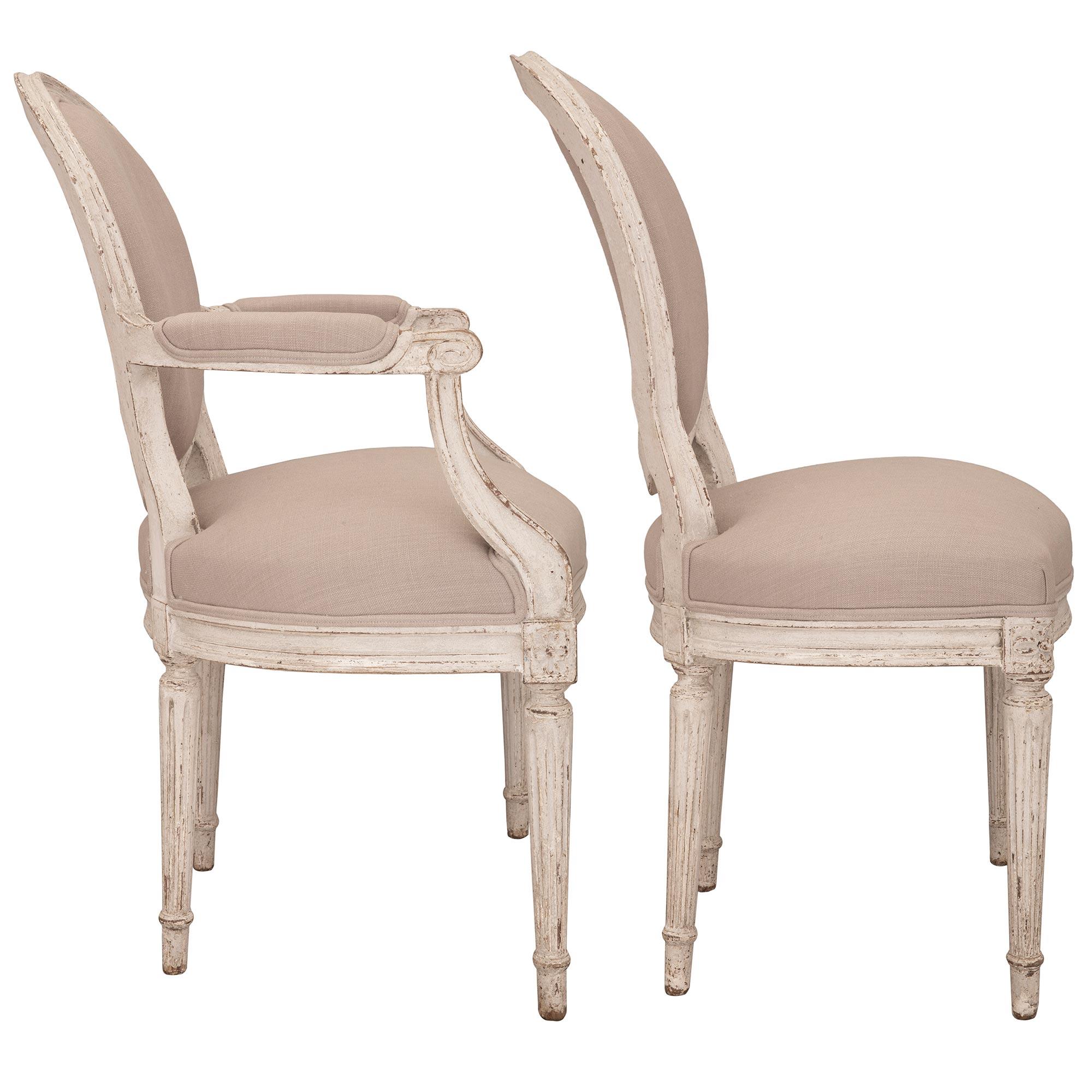 Set Of Six French 19th Century Louis XVI St. Patinated Wood Dining Chairs In Good Condition In West Palm Beach, FL