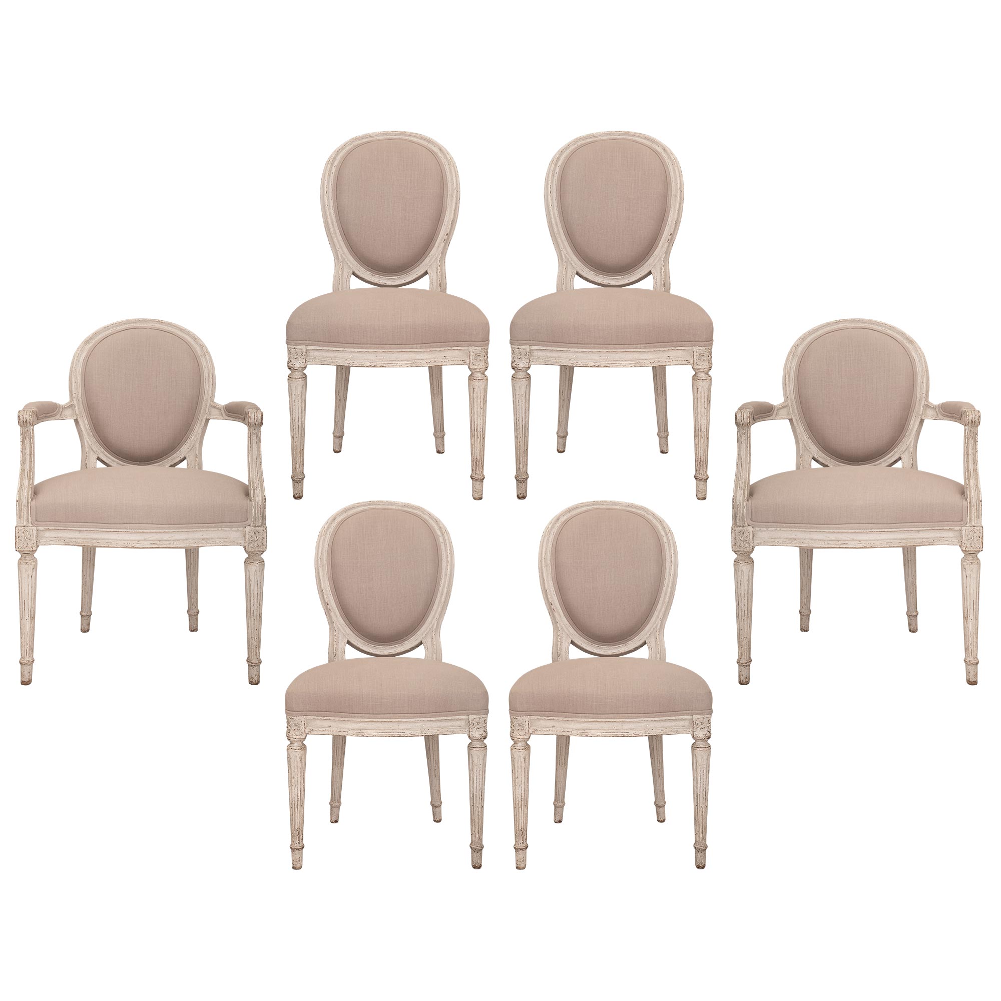 Set Of Six French 19th Century Louis XVI St. Patinated Wood Dining Chairs