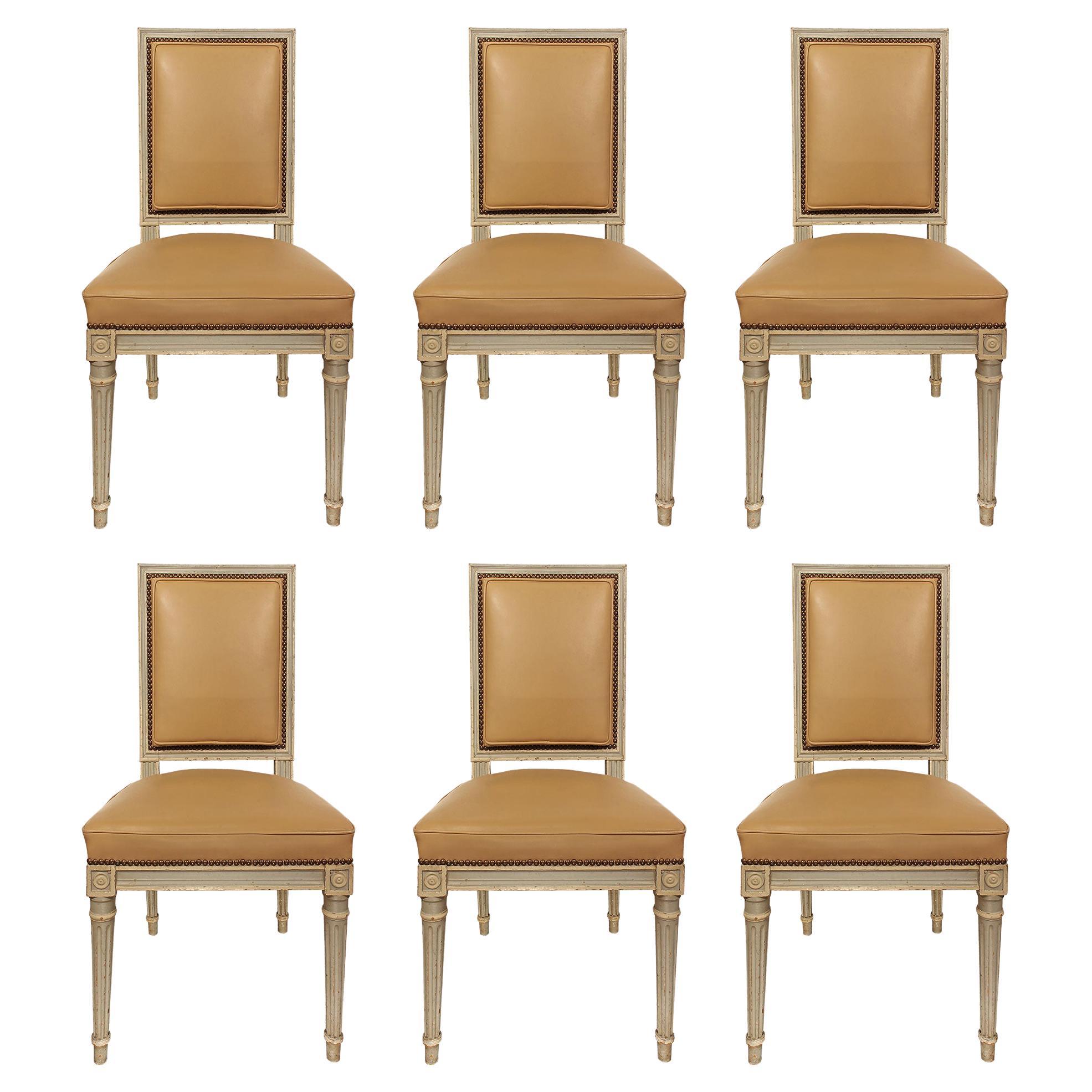 Set of Six French 19th Century Louis XVI Style Patinated Dining Chairs