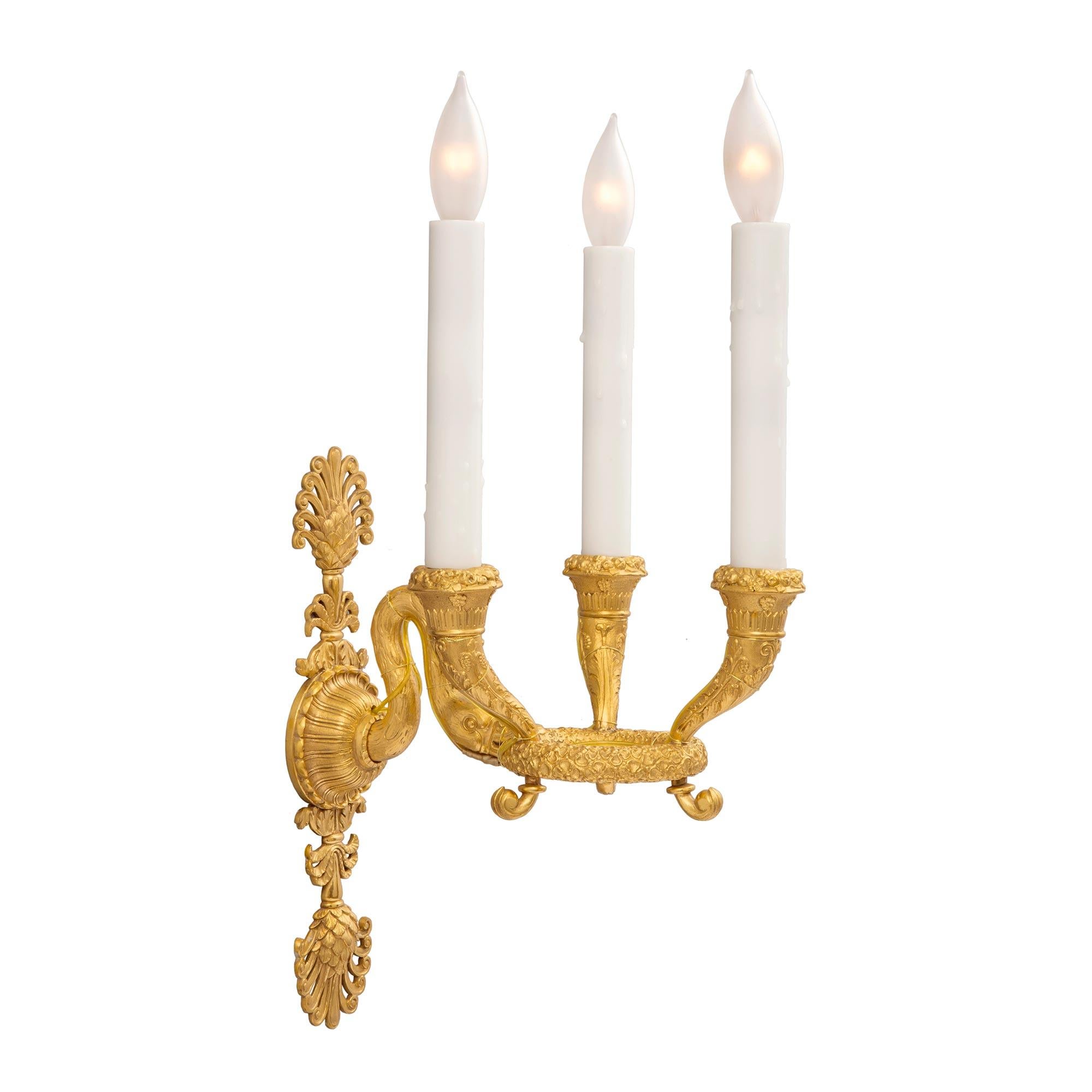 Set of Six French 19th Century Neoclassical Style Three-Arm Ormolu Sconces In Good Condition For Sale In West Palm Beach, FL