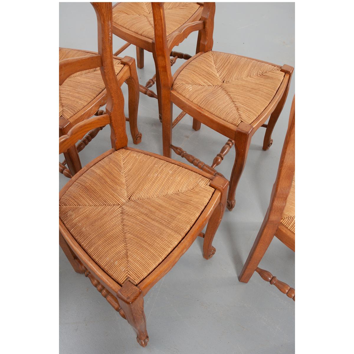 Louis XV Set of Six French 20th Century Rush Seat Dining Chairs