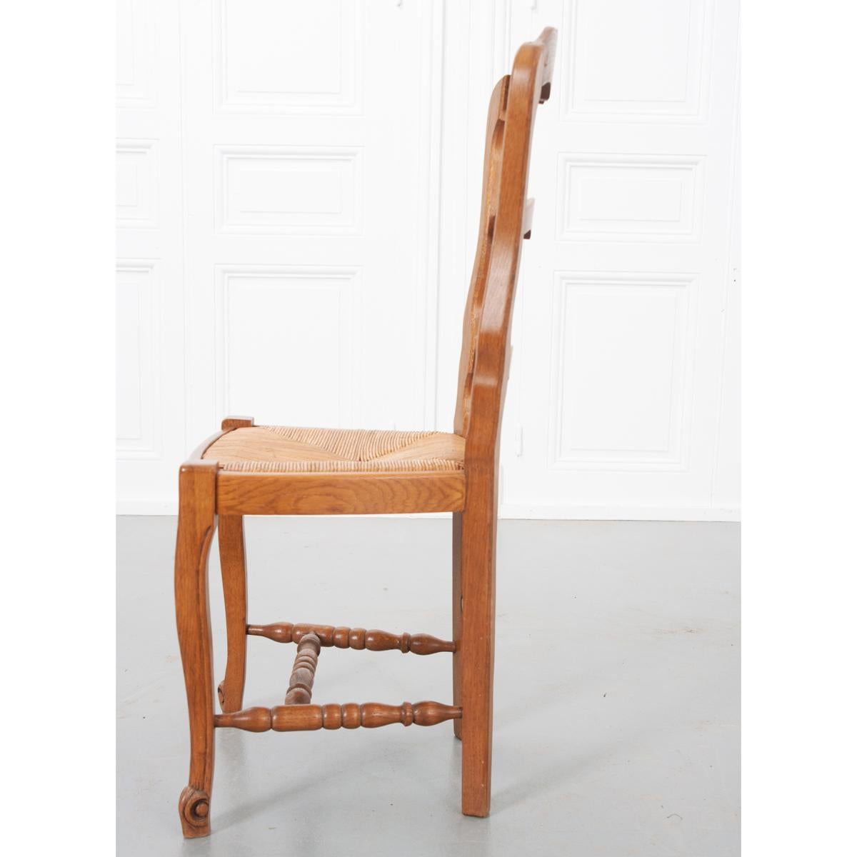 Fruitwood Set of Six French 20th Century Rush Seat Dining Chairs