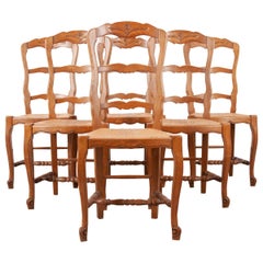 Vintage Set of Six French 20th Century Rush Seat Dining Chairs