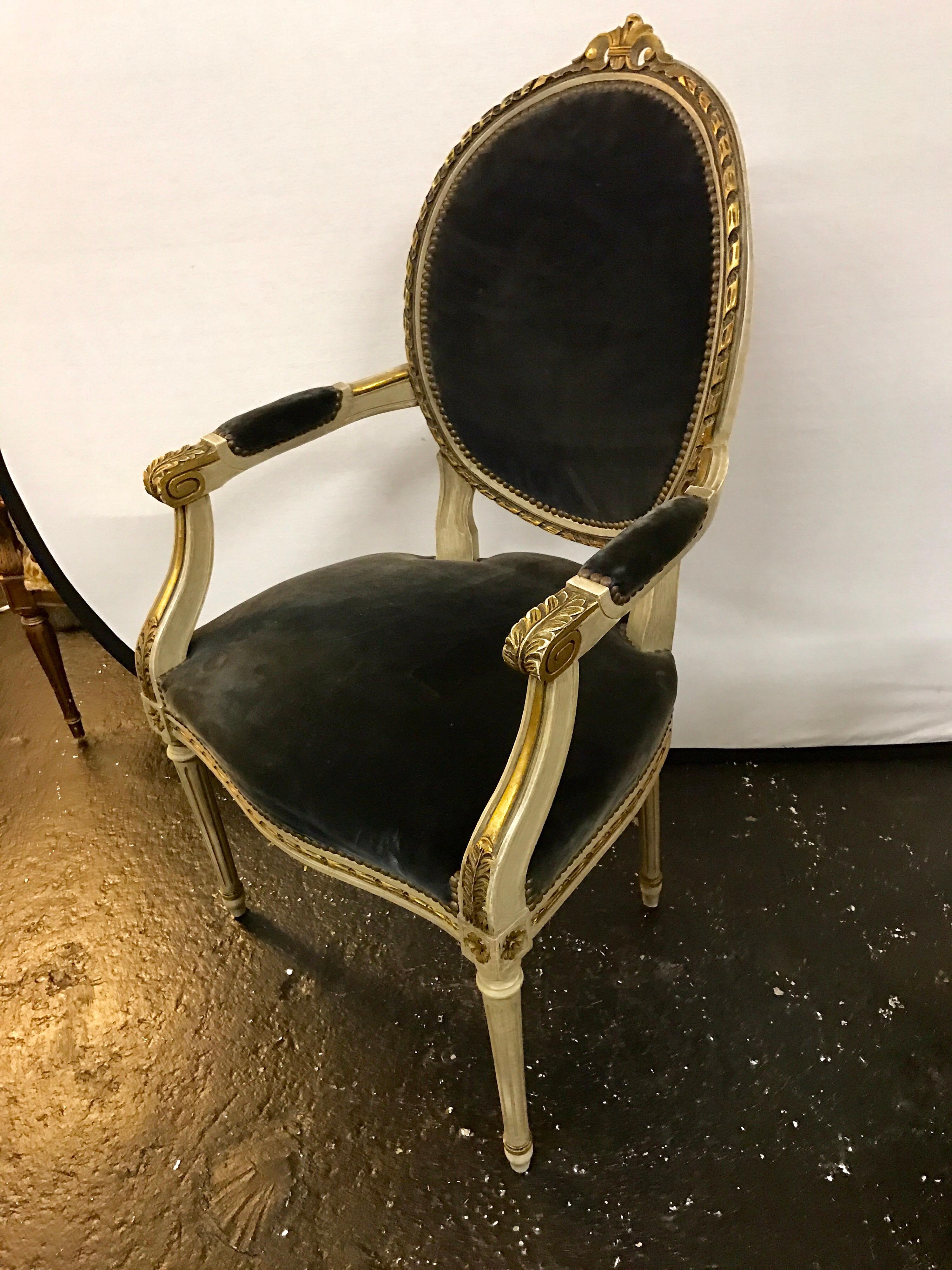 Set of Six French Antique Cream and Giltwood Dining Chairs Velvet Gray Fabric 6