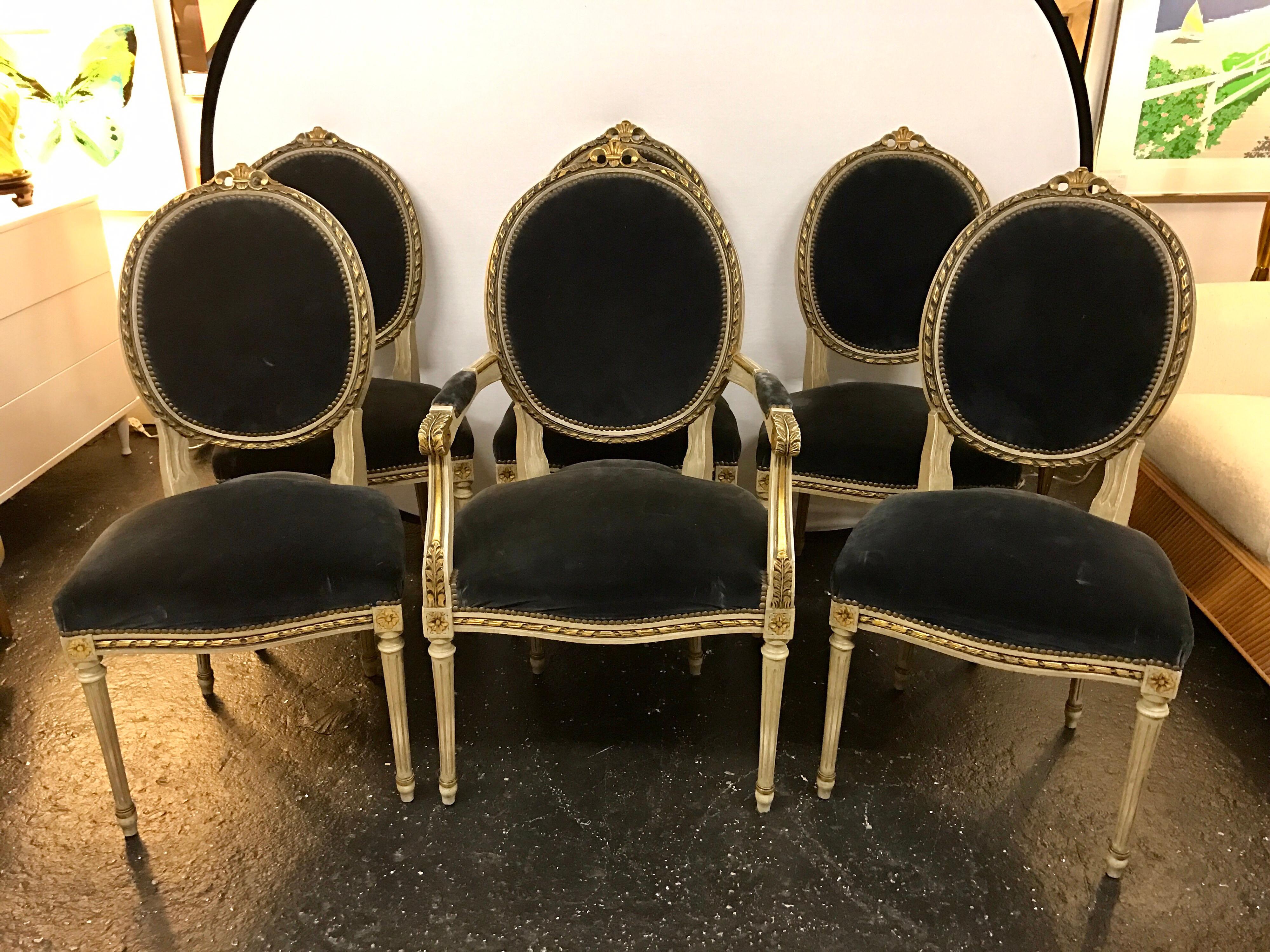 Set of Six French Antique Cream and Giltwood Dining Chairs Velvet Gray Fabric 8