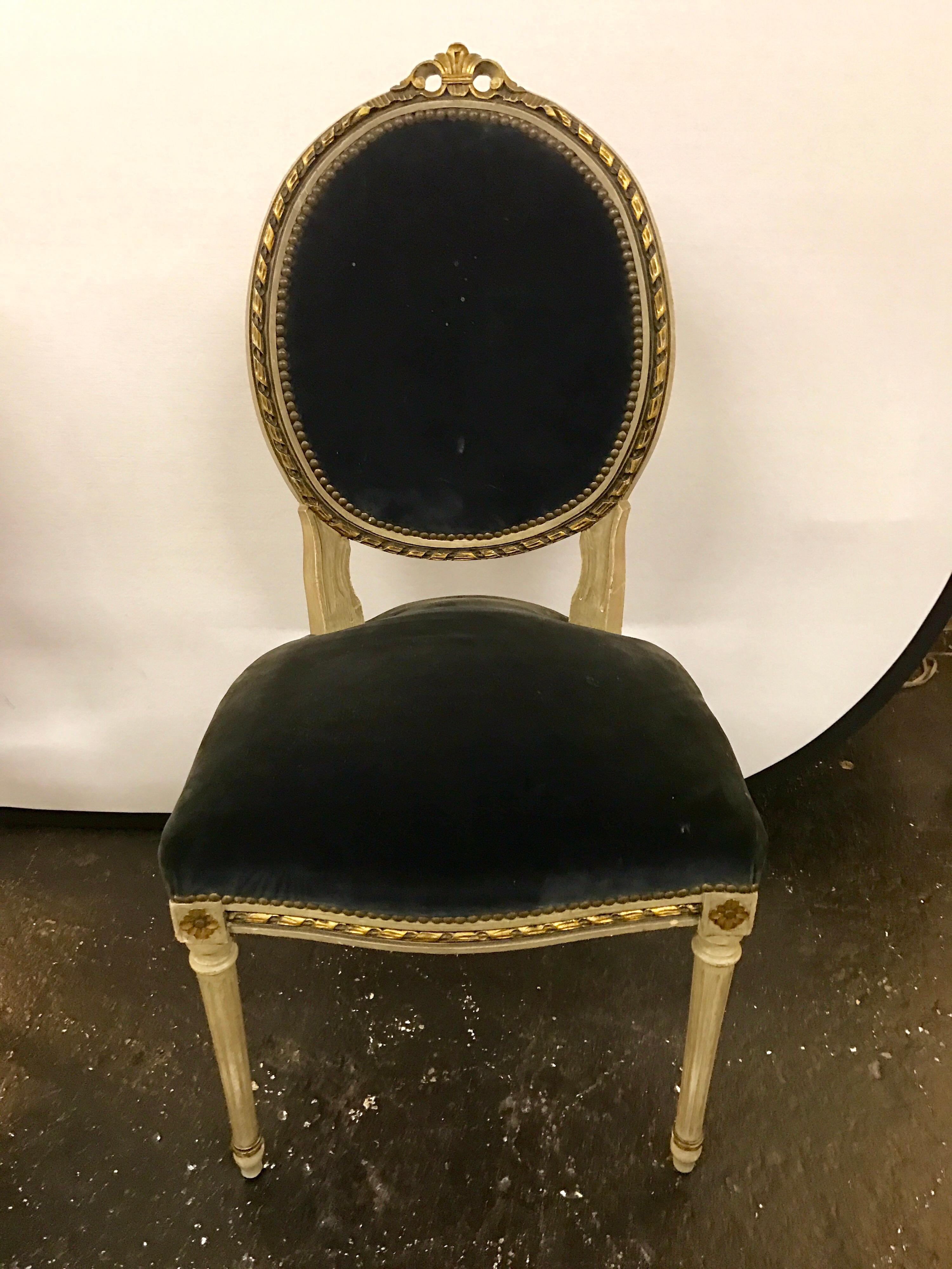 Set of Six French Antique Cream and Giltwood Dining Chairs Velvet Gray Fabric 1