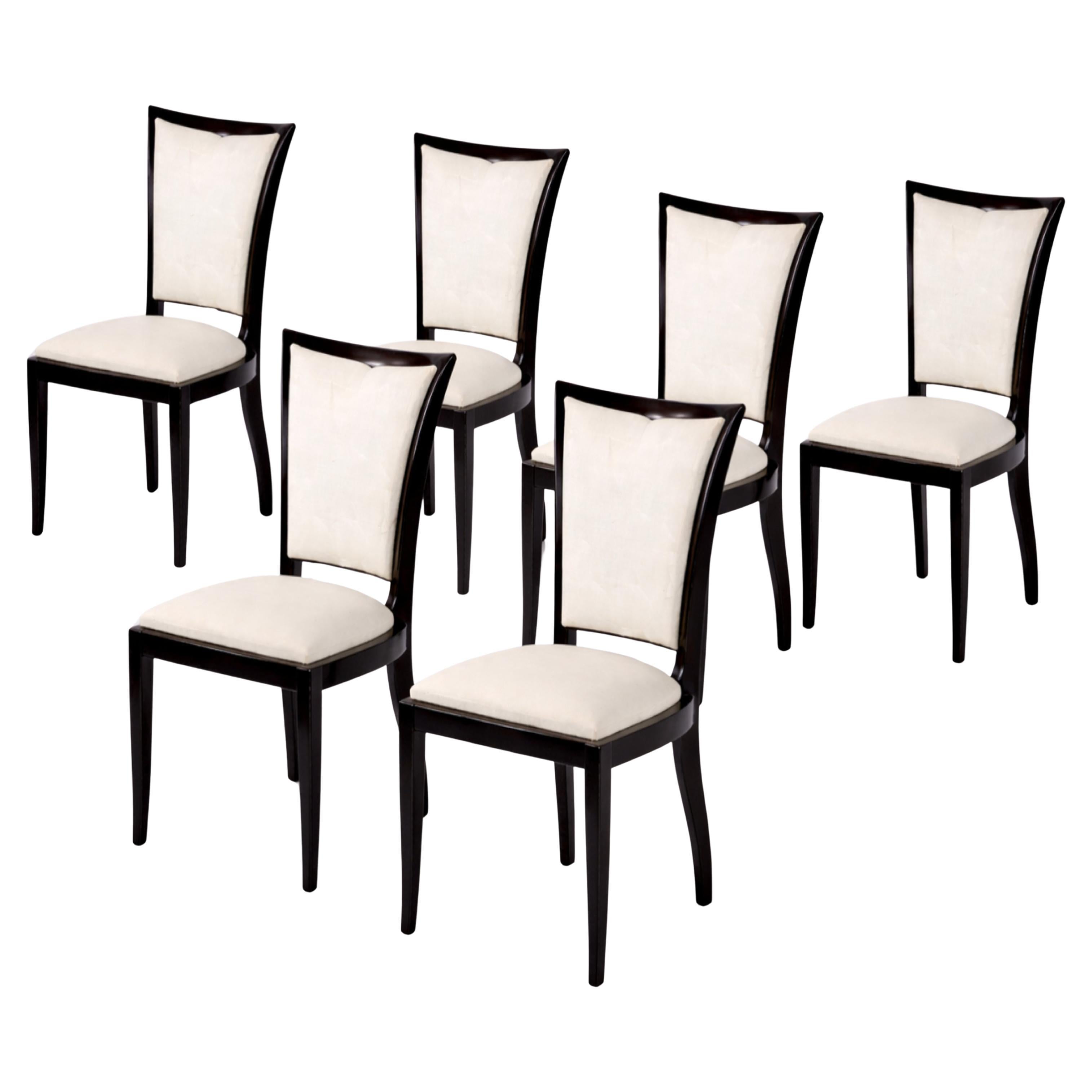 Set of Six French Art Deco Black Lacquer Chairs Jules Leleu Style, 20th Century